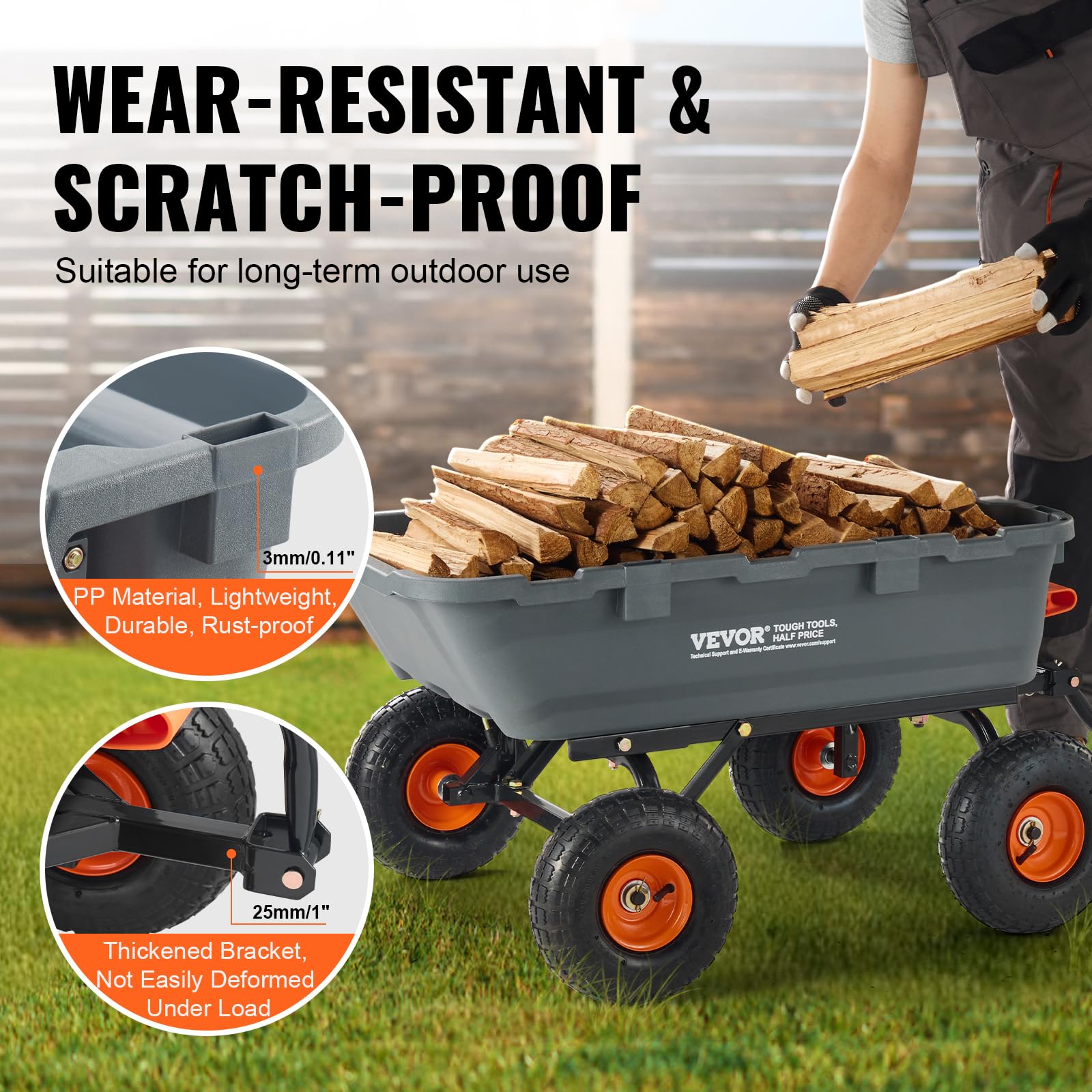 VEVOR Chariot à Benne basculante, capacité de Charge 363 kg​, Chariot de Jardin en polyéthylène Robuste avec Cadre en Acier, poignée Convertible 2 en 1, Roues 255 mm, brouette Utilitaire pour pelouse