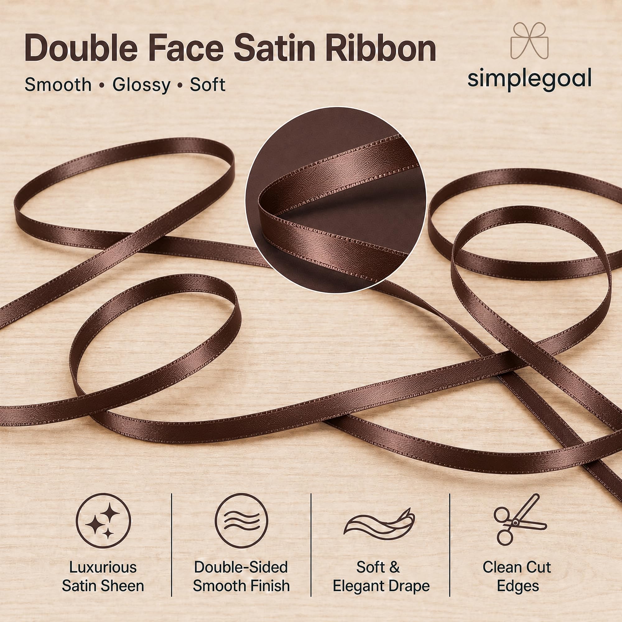Cinta de satén marrón de doble cara de 1/4 pulgadas x 50 yardas, cintas de poliéster marrón para envolver regalos, cinta de tela para manualidades, ramo de flores, costura, decoración de