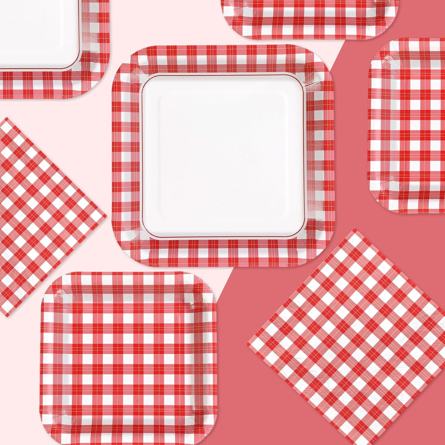200Pcs Red Gingham Party Decorations Red and White Checkered Plaid Square Plates and Napkins Disposable Gingham Tableware Sets for Summer Pizza BBQ Picnic Birthday Wedding Party Supplies Serves 50