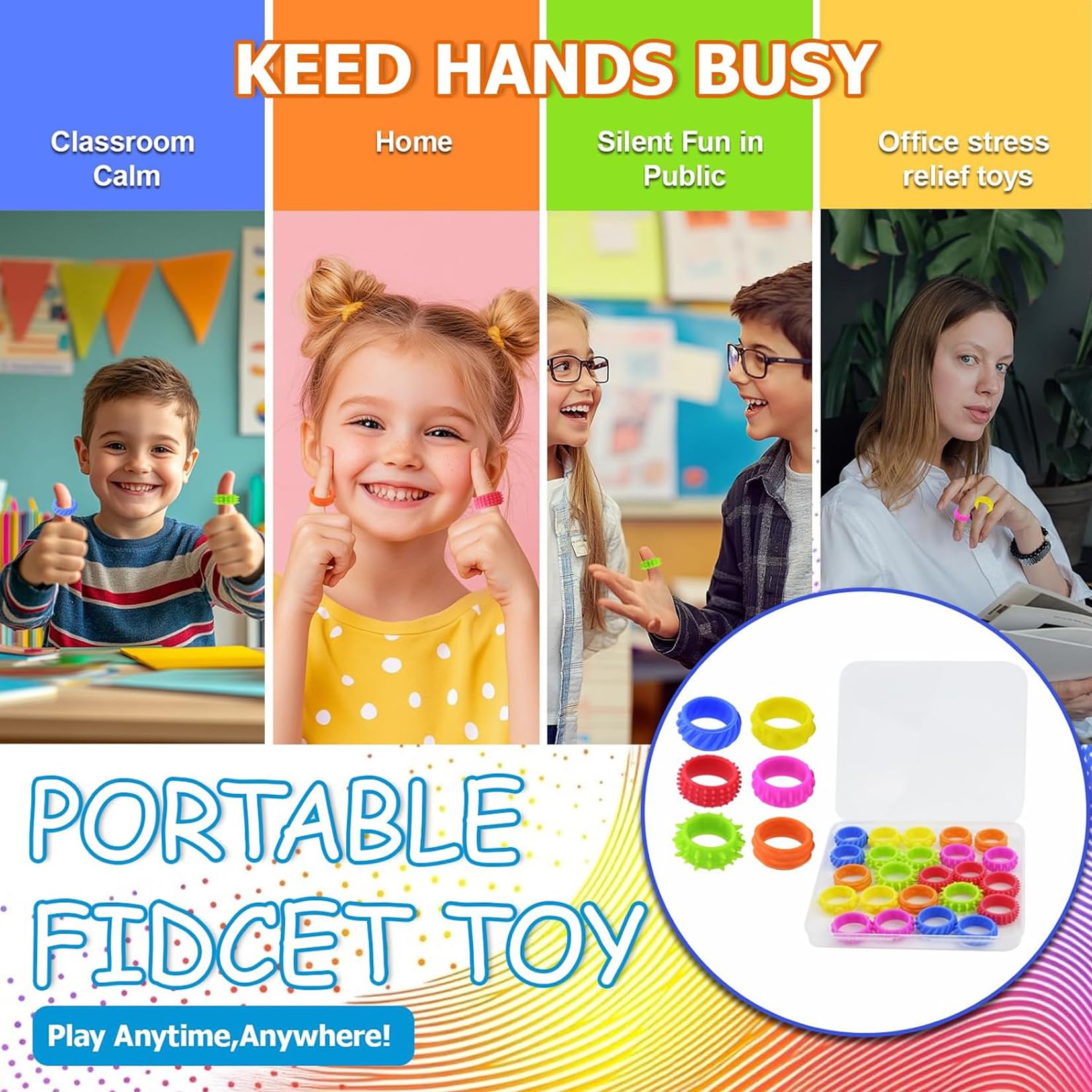 12 sztuk Fidget Ring Toys zabawki antystresowe, sensoryczne, autyzm, redukujące stres, zabawne i uspokajające pierścienie do masażu palców, pierścienie do akupresury