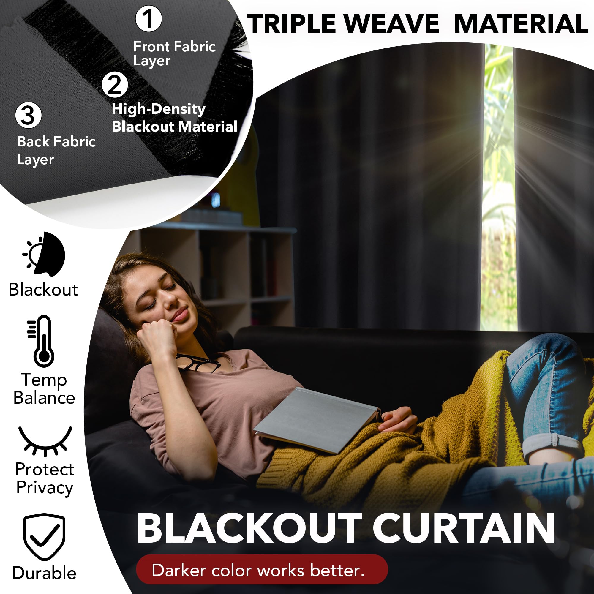 Deconovo Thermal Insulated Wide Grey Curtains Energy Saving Noise Reducing Eyelet Blackout Curtains for Bedroom Living Room 90 x 54 Drop Inch - Image 3