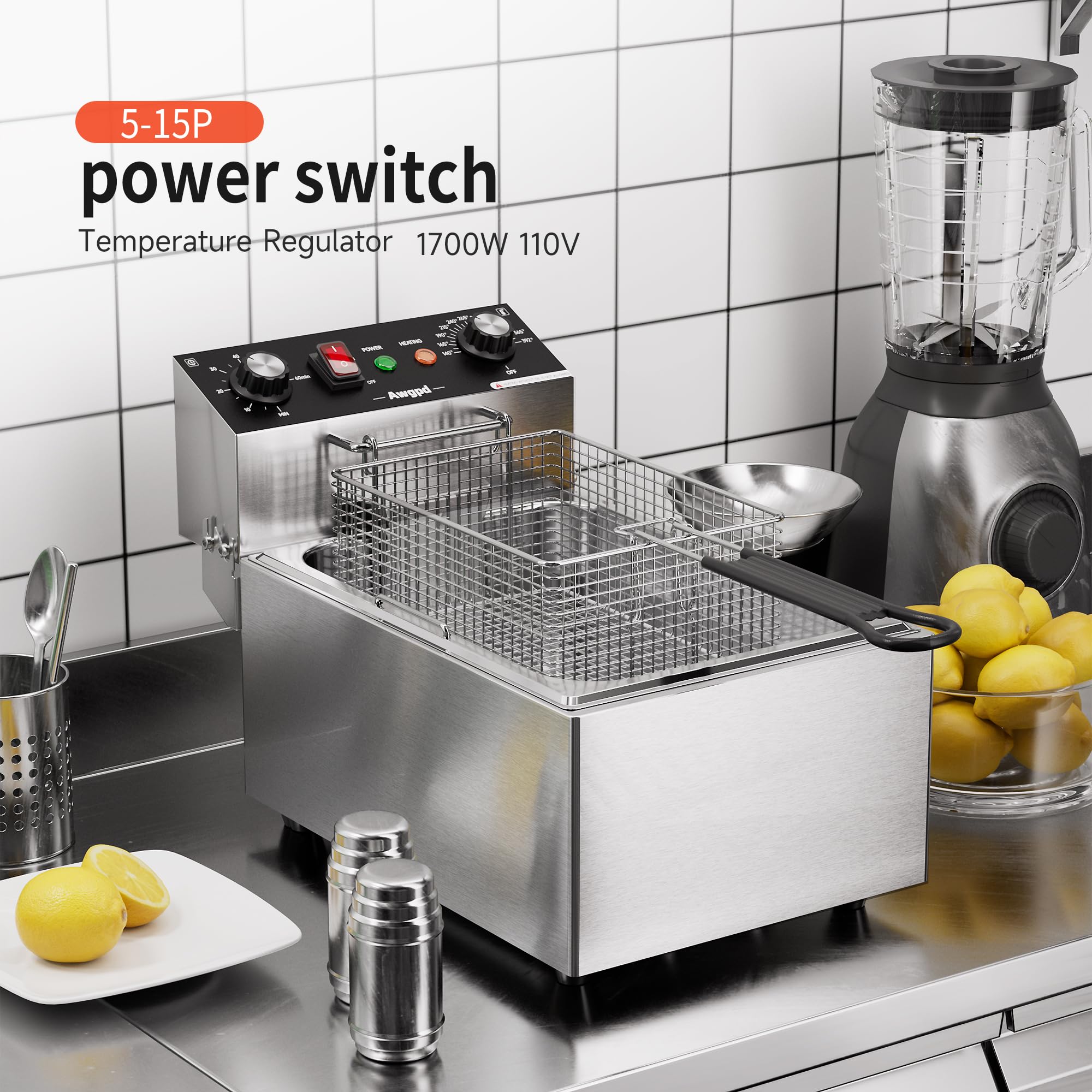 Freidora eléctrica de un solo tanque con capacidad de canasta, 10.5 cuartos de galón, freidoras eléctricas de encimera con temporizador de 60 minutos para cocina y restaurante, 1700 vatios, 110 V (10 5