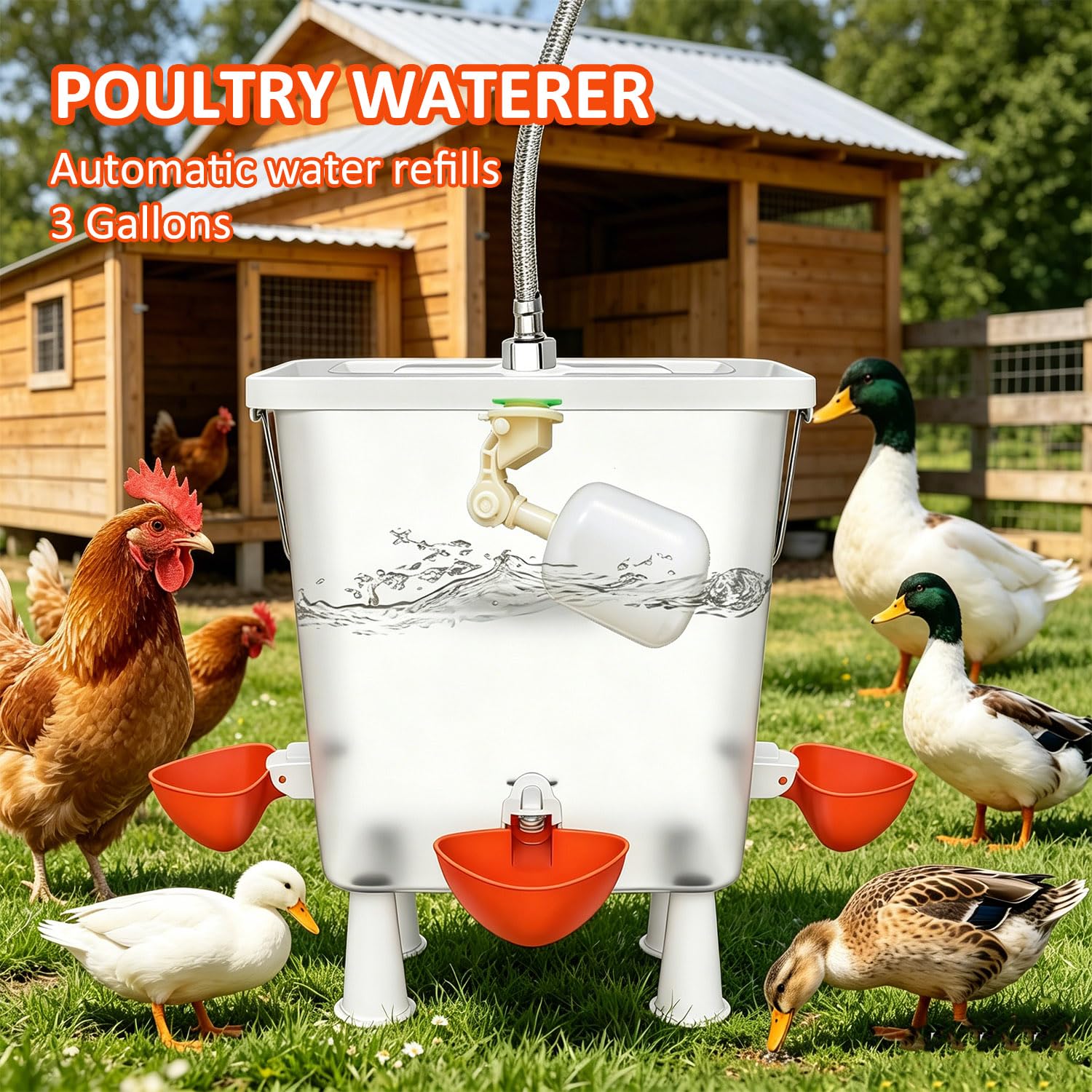 Bebedero automático de pollo con válvula flotante, dispensador de agua de aves de corral de 3 galones para gallinero, alimentador de riego autofilendible para gallinas, patos, codornices