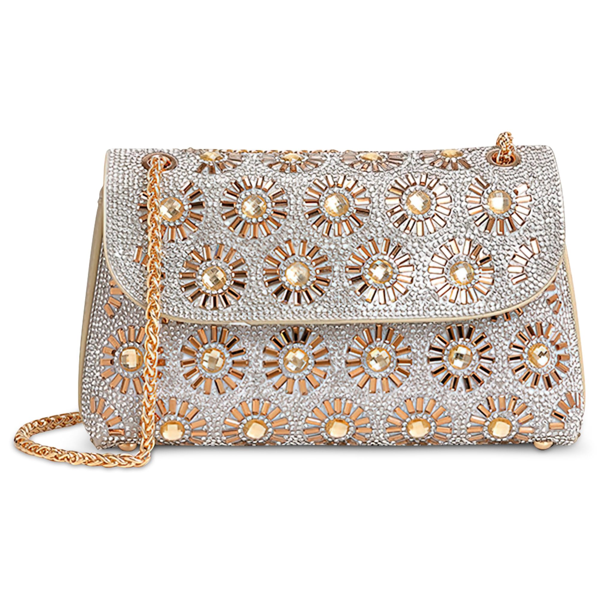 Borsa a Tracolla da Donna Moda Con Cinghia a Catena e Strass - Messenger Impermeabile in PU per Festa, Shopping e Viaggio - Oro
