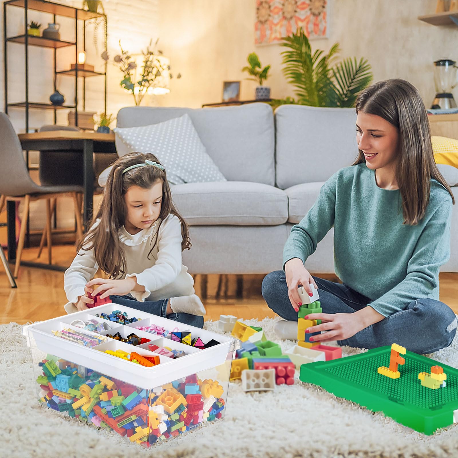 Greentainer Set di 3 contenitori portaoggetti in plastica impilabili con vassoio rimovibile, contenitori per giocattoli per bambini con coperchio per piastra di base, contenitore per mattoni da