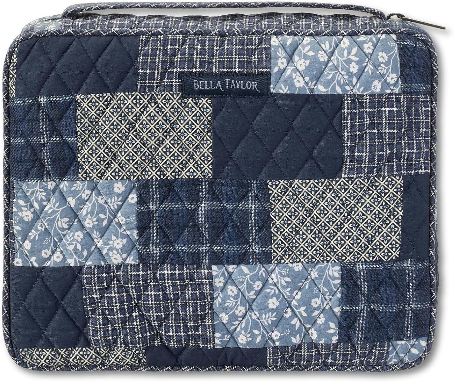 Bella Taylor Quilted Bible Cover for Women, Cotton Fabric Bible Case for Medium and Large Study Bibles, Heritage Blue Patch