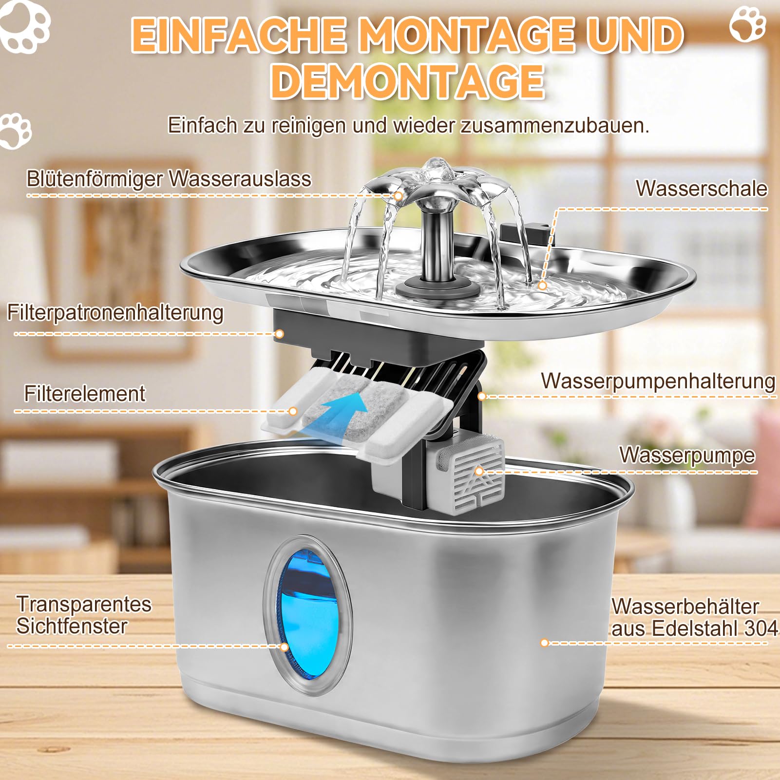 Katzentrinkbrunnen Trinkbrunnen für Katze mit 2 Filter 2 Schwamm | 3,2L, Ovales Sichtfenster, Leiser Betrieb, Edelstahl 304, mit USB-Anschluss, TY12