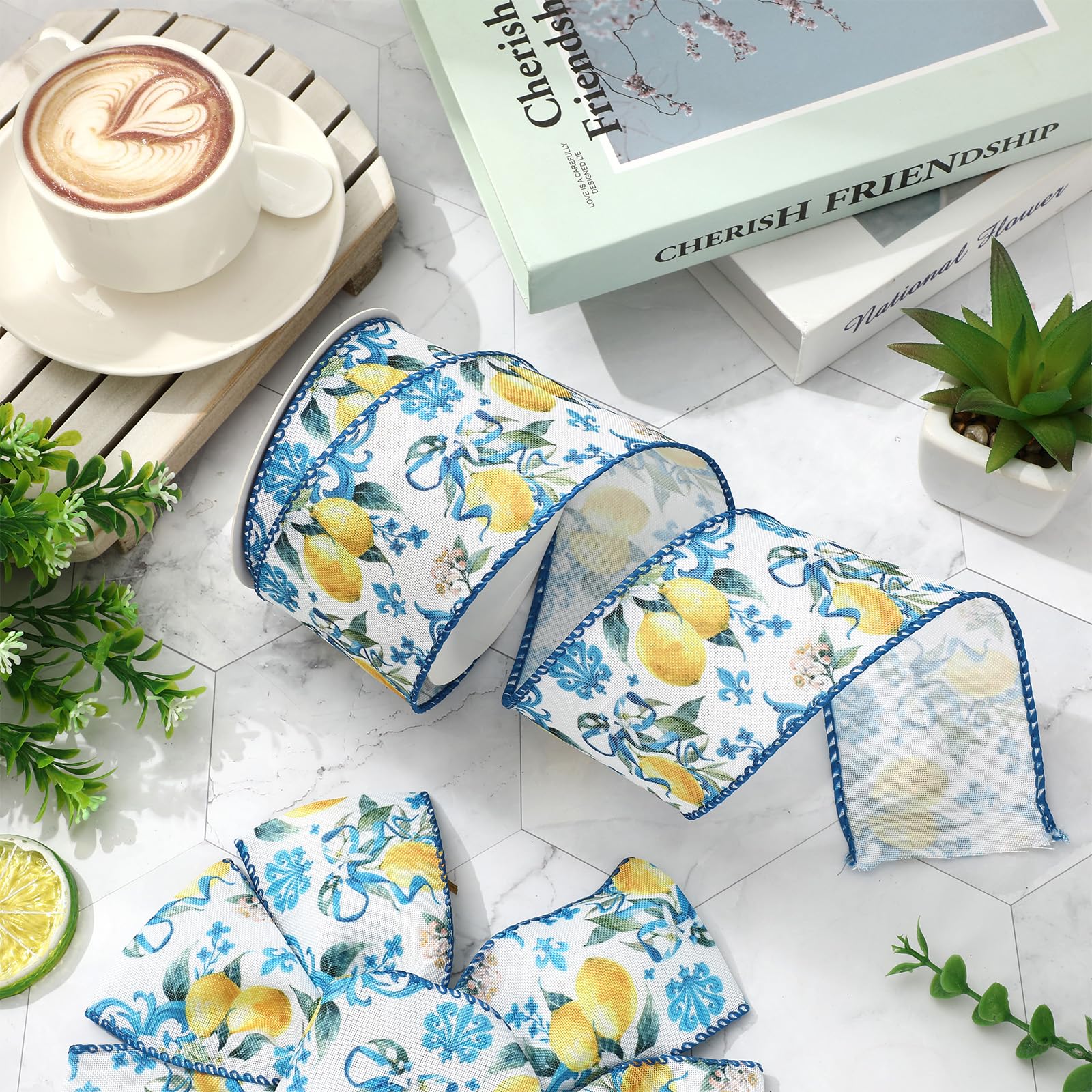 JarThenaAMCS Cinta con borde de alambre de limón amarillo y azul, cinta de tela para primavera y verano, cinta de manualidades para cumpleaños, boda, manualidades, coronas, lazos, 12 yardas