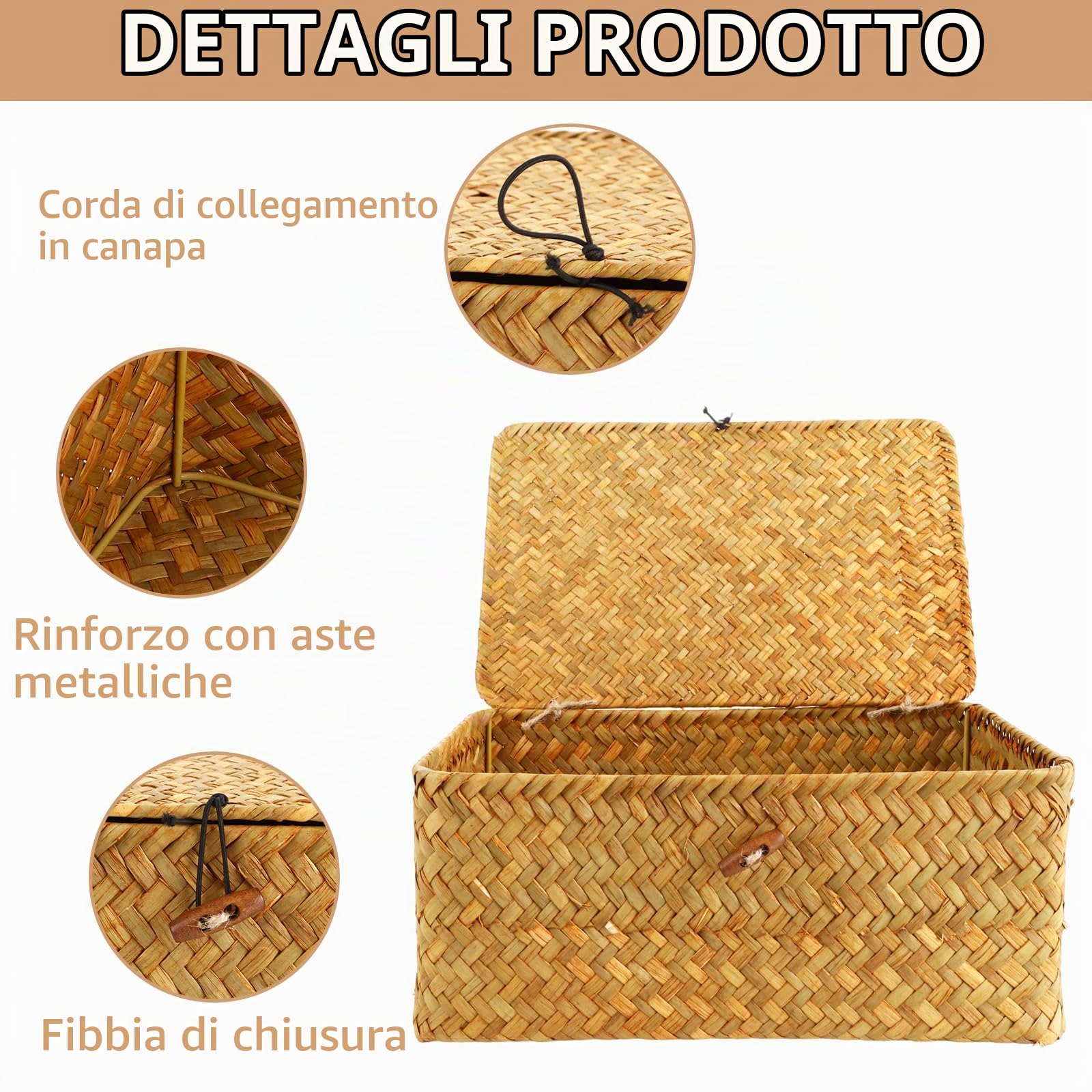 APACALI 3 Pezzi Cestino in Rattan, Cesto Rettangolare in Crine Vegetale con Coperchio, Cesto Naturale Intrecciato in Crine Vegetale, Cestini in Vimini per Scaffali, Organizzazione in Crine Vegetale
