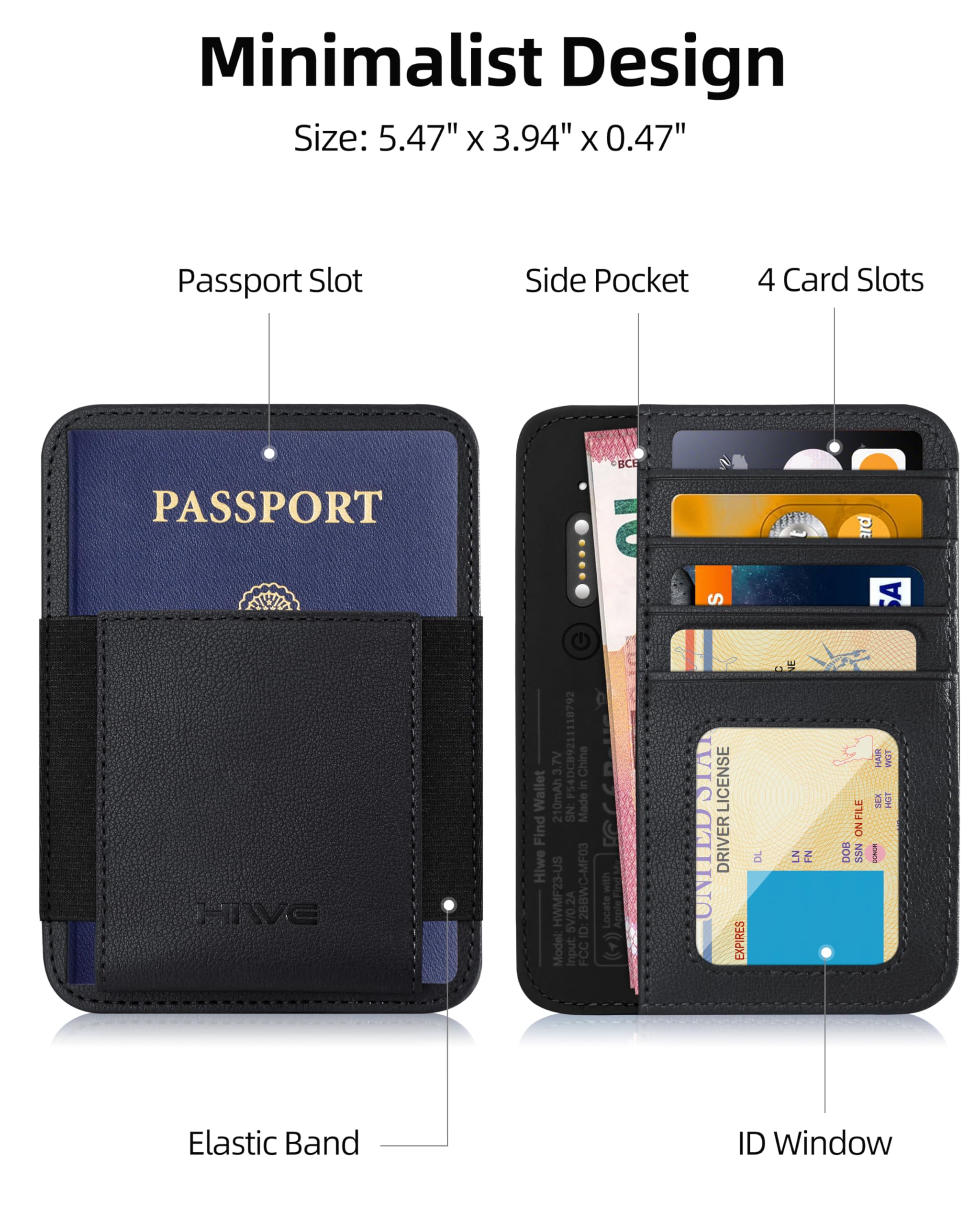 HiWe Reisepass-Etui, Schwarz, 5.47"x3.94"x0.47", Minimalistisch, Vegan, RFID-Geschützt, Find My