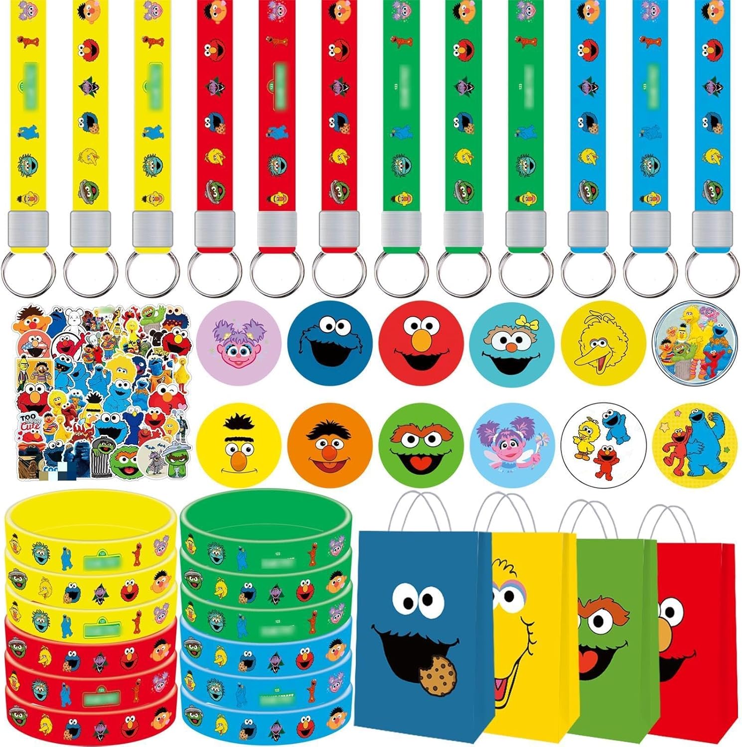98Pcs Sesame Friends Street Birthday Party Supplies, Include 12 Wristband ,12 Button Pins,12 Keychains,12 Gifts Bags,50 Stickers10