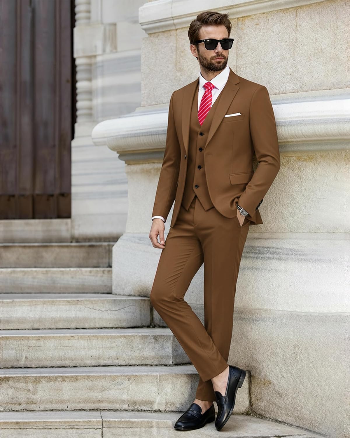 EastSide Men's Slim Fit 3 Pieces , One Button Sets Vest Pants Coat Suit, Khaki, X-Small