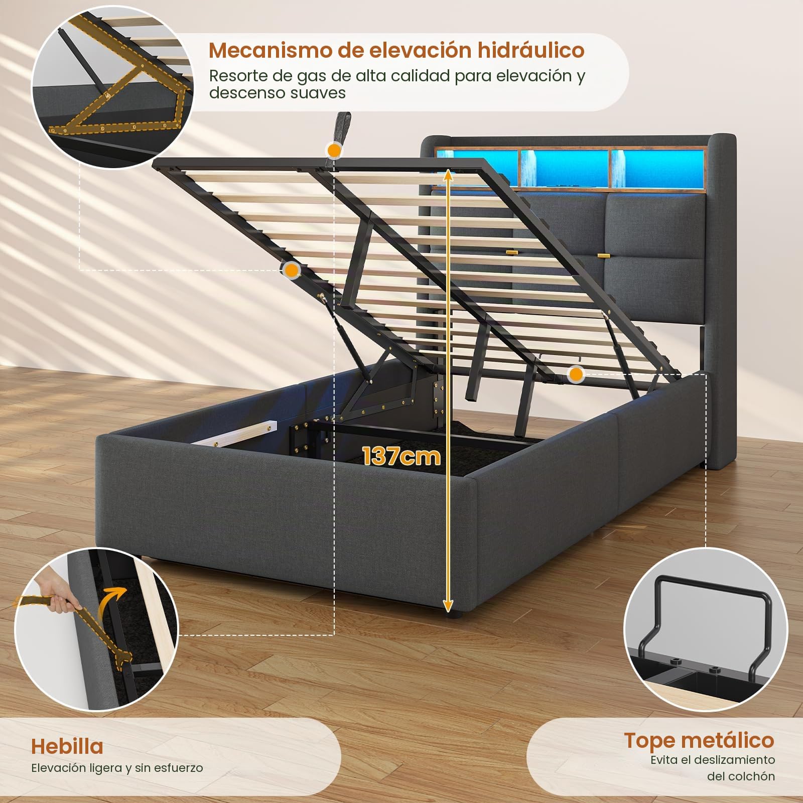 DICTAC - Cama matrimonial acolchada 90x200 con iluminación LED y barra de enchufes, cama individual para jóvenes 90x200 con somier de láminas, estructura de cama para adultos con espacio de