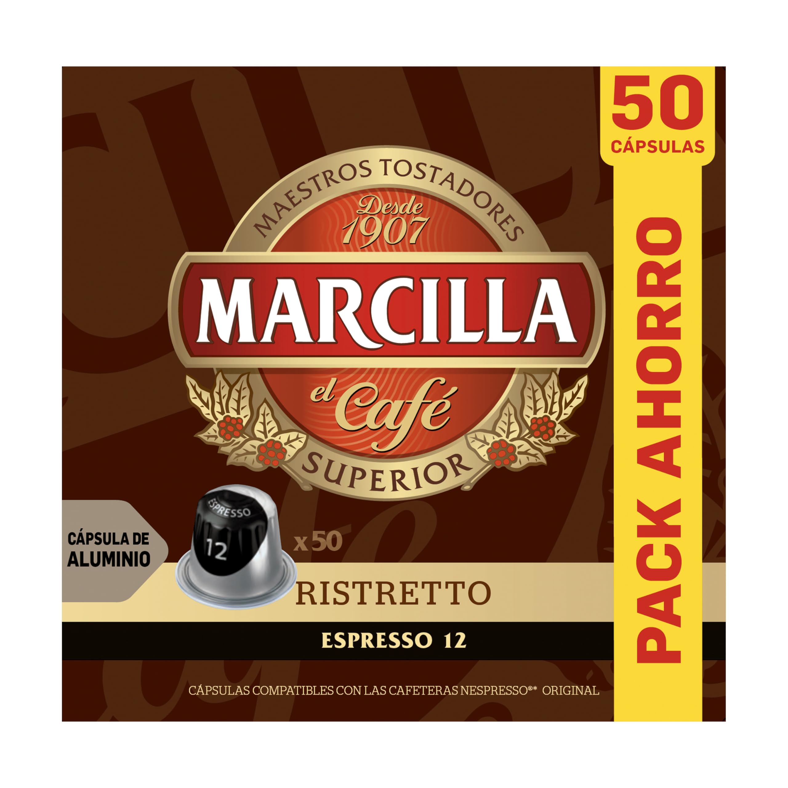 Marcilla Cápsulas de Café Ristretto | Intensidad 12 | 50 Cápsulas Compatibles Nespresso