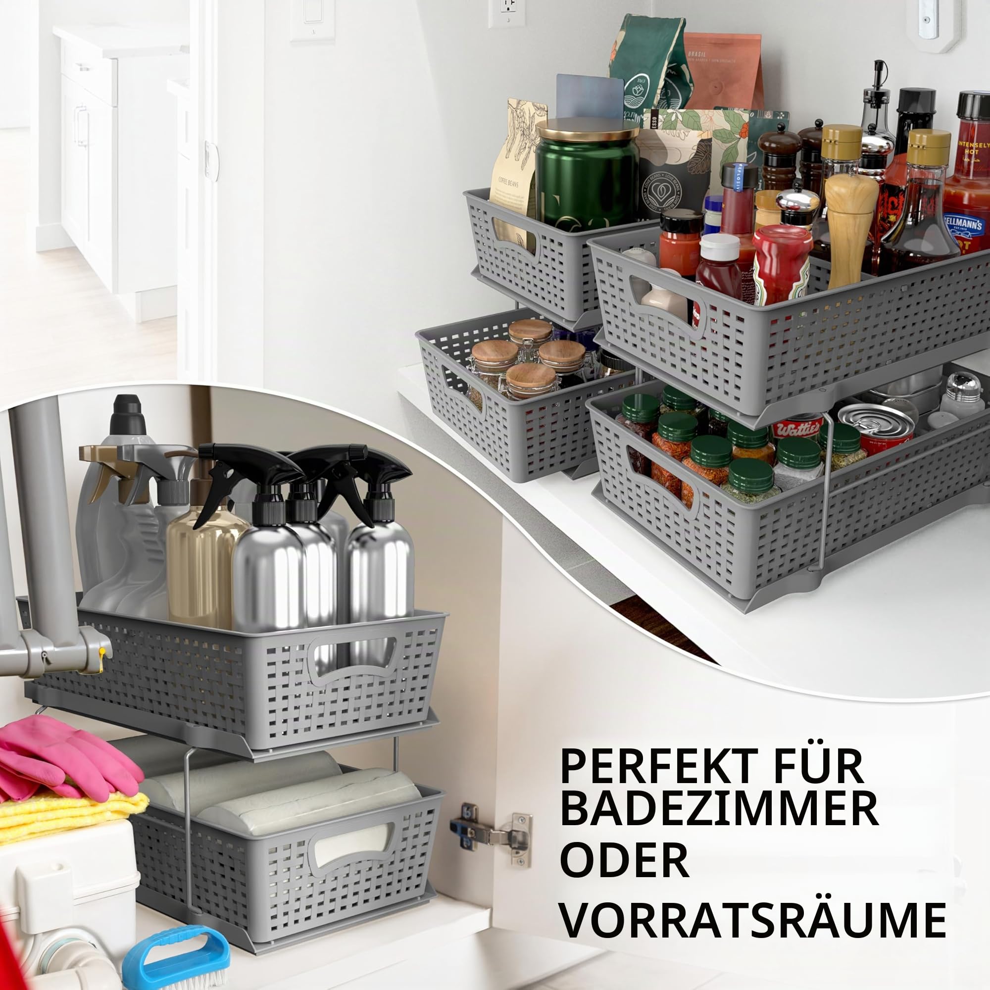 Simple Houseware 2-stöckiges Badezimmer-Organizer-Tablett, ausziehbare Schublade/Aufbewahrung unter der Spüle, Grau