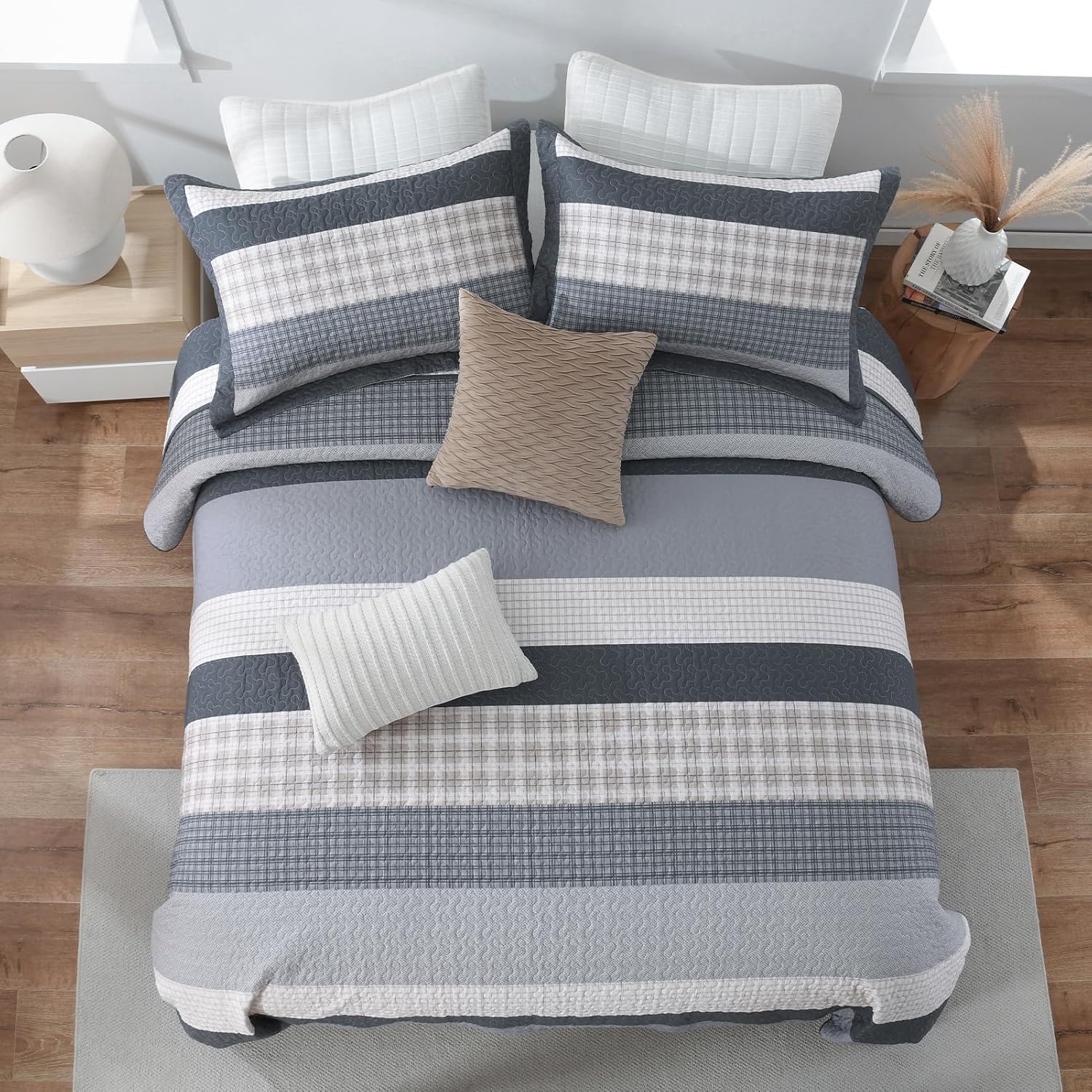 SahSahCasa Quilt Set King Size, 100% Cotton, King Comforter Set, Striped Quilted Bedspreads, Farmhouse King Bedding Set, Lightweight Bed Spread for All Season, Gray/Beige, 3pcs - Image 4