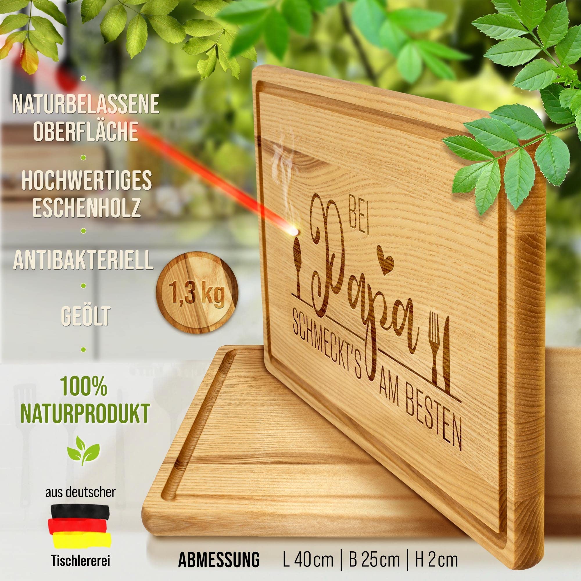 Großes Holzbrett mit Gravur - Bei Papa schmeckt's am besten - Schneidebrett gravieren| Eschenholz, 40 x 25 x 2 cm, Geschenk mit Gravur, Geschenk für Papa