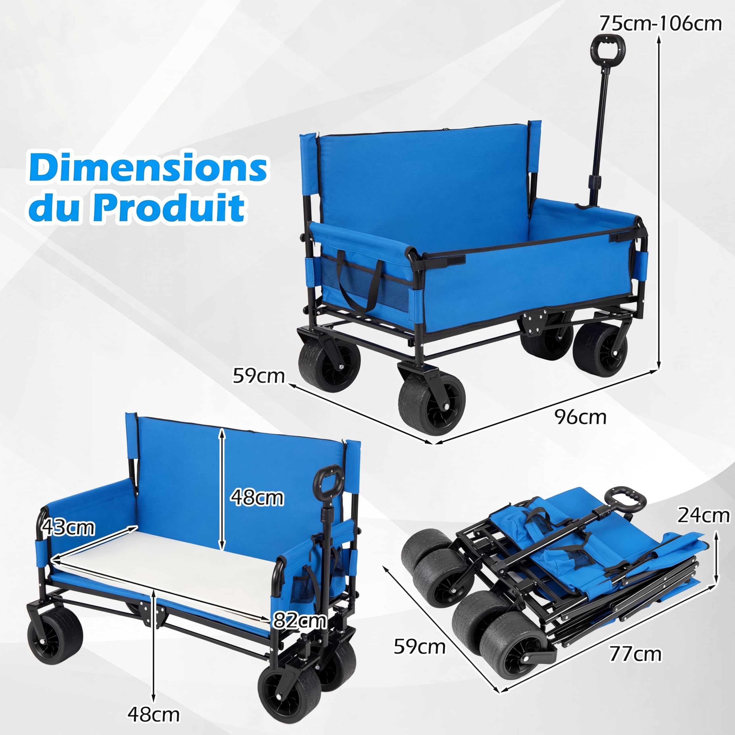COSTWAY Chariot de Plage Pliable Banc 2-en-1, Chariot de Transport 85 L avec Poignée Ajustable Poussée/tirée Coussins Doux et Roues Tout-Terrain, pour Camping Sport et Shopping (Bleu)