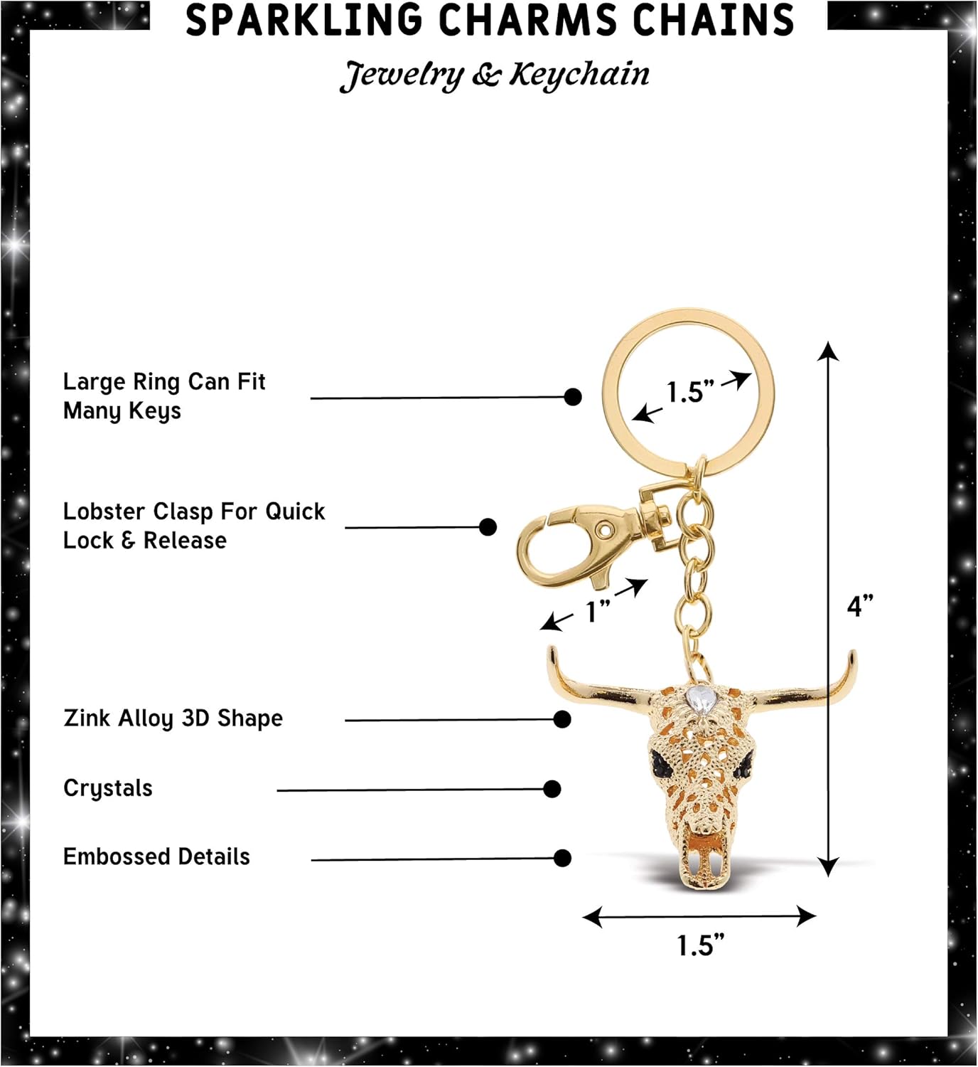 Longhorn Skull Keychain - Gold 3D Sparkling Charm Rhinestones Fashionable Stylish Metal Alloy Durable Key Ring Bling Crystal Jewelry Accessory With Clasp - Image 2