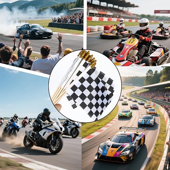 HOOSUN 12 Pack Checkered Flag On Sticks,6x4 Flags For Race Car Birthday Party Supplies,Double Sided Print Racing Stick Flag Race Cars Party Decorations,Black White Checkered Mini Flags for Room