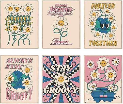 Póster retro hippie de los años 60, 70, 80, decoración de pared con estampado de flores alegres vintage, decoración de pared (8 x 10 pulgadas, sin