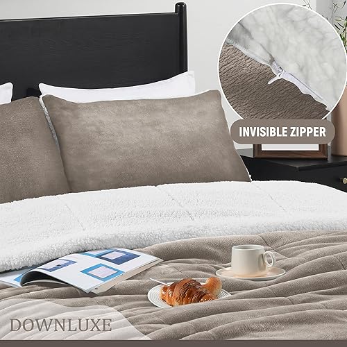 Miniatura 10 de downluxe Juego de edredón de pana tamaño Queen color beige, 3 piezas, edredón de pana de poliéster ultra suave, juego de edredón cálido de felpa