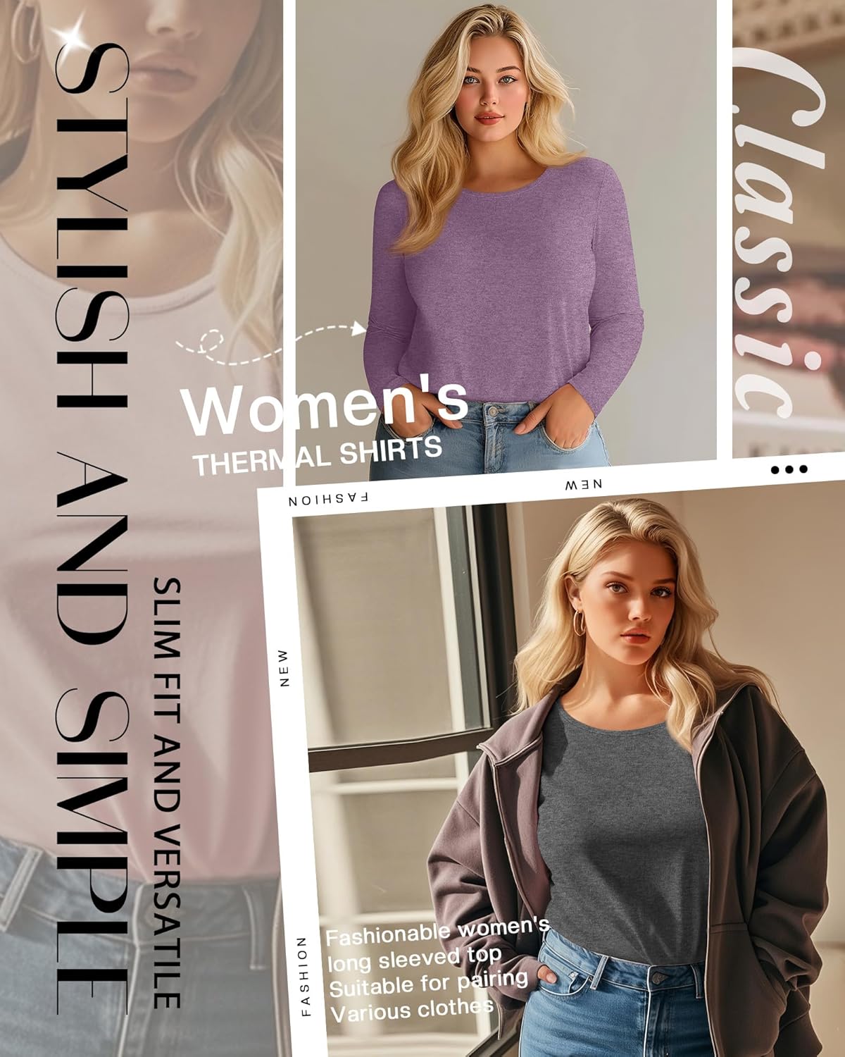 3 Pack Women's Plus Size Cotton Shirts, Scoop Neck Long Sleeve Casual Tops Form Fitting Knitted T-Shirts Blouses - Image 2