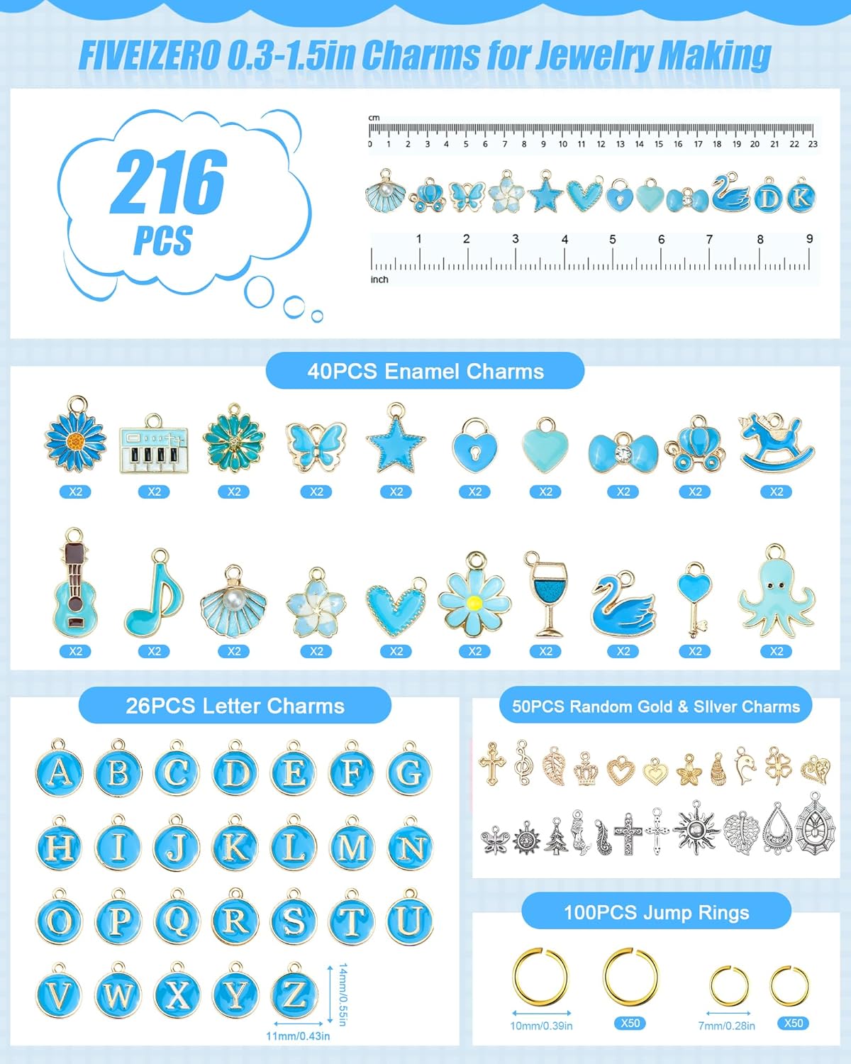 FIVEIZERO 216PCS Bracelet Charms for Jewelry Making – Assorted Gold & Silver Metal Enamel Pendants with Jump Rings for Necklaces, Earrings, & DIY Jewelry Crafts(Blue) - Image 2