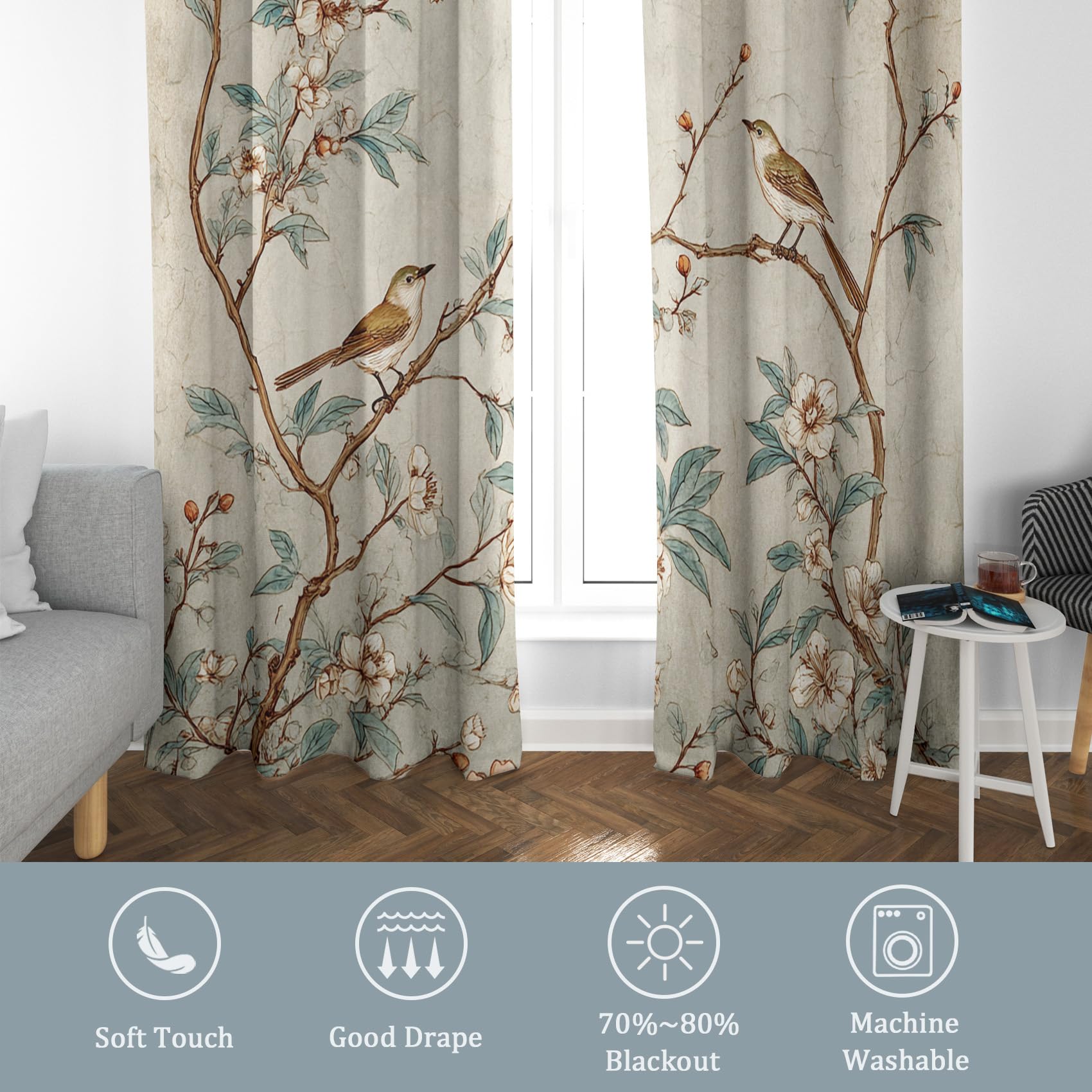 Rideaux Occultant Fleurs Oiseaux, Rideau Isolant Thermique pour Salon Chambre, Motif Branche d'arbre, Lot de 2 Décoration de Fenêtre Opaque 140x200cm LxH, à Oeillets