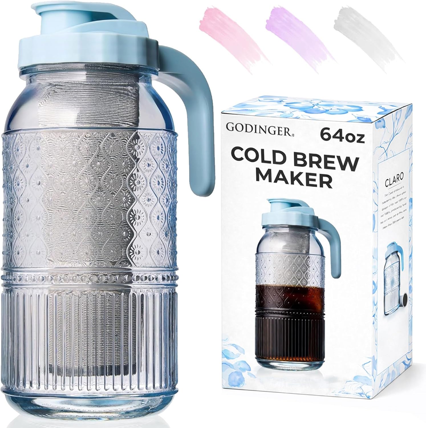 Cold Brew Coffee Maker 64 oz – Airtight Glass Mason Jar Pitcher Brewer with Leak-Proof Lid & Handle, Wide Mouth Iced Cof