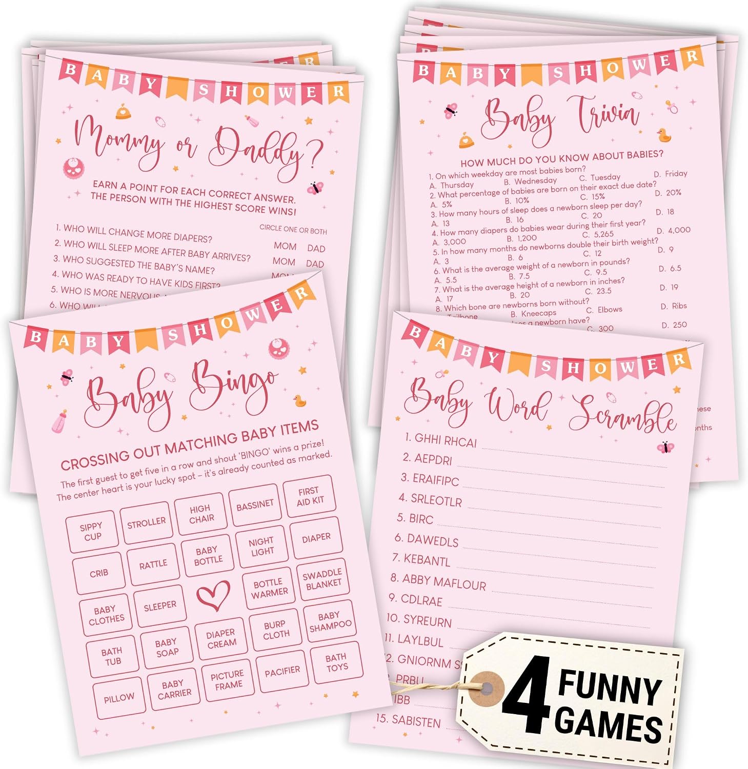 WOODAMORE Wildflower Baby Shower Games For Girl - Fun Bingo Game Girls, Hilarious Word Scramble, Floral Baby Shower Girl Games, Mommy Or Daddy Game, Baby In Bloom Decorations