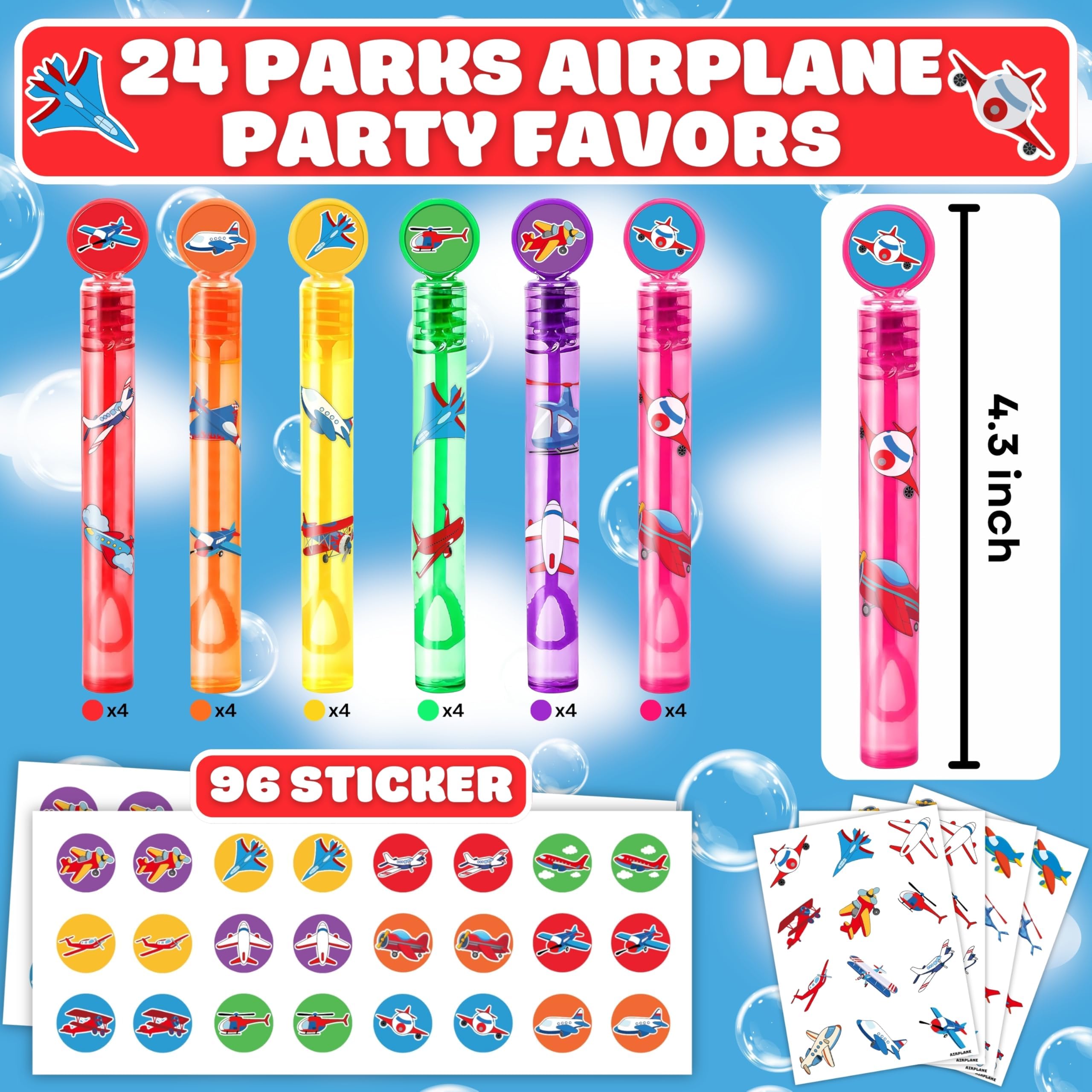 24PCS Airplane DIY Bubble Wands with 96PCS Stickers - Party Favor for Goodie Bags, Pinata Stuffers, Mini Bubble Bulk Birthday Supplies, Toys Gifts, Class Prizes for Toddlers, Boys & Girls