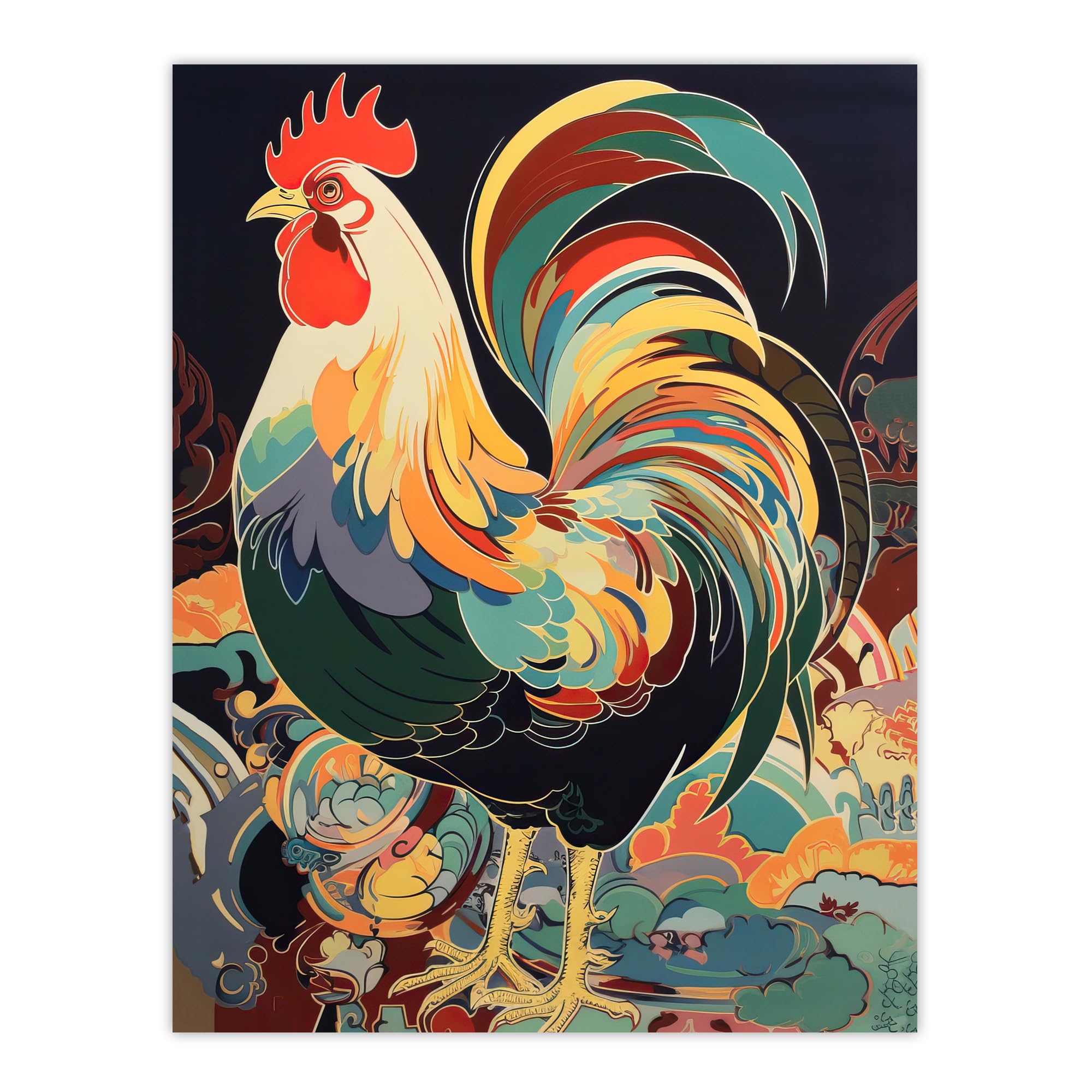 Artery8 Cockerel Cock Rooster Modern Flamboyant Colourful Painting XL Wall Art Poster Print - W24 inch x H32 inch