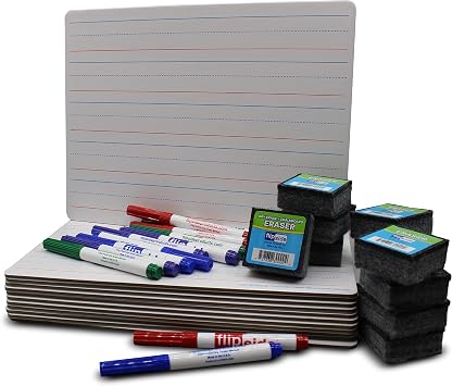 Flipside Products 9" x 12" Magnetic Dry Erase Two Sided Red & Blue Lined, Color Markers and Erasers, Ruled, Learn to Write, Writing Practice, Pack of 12