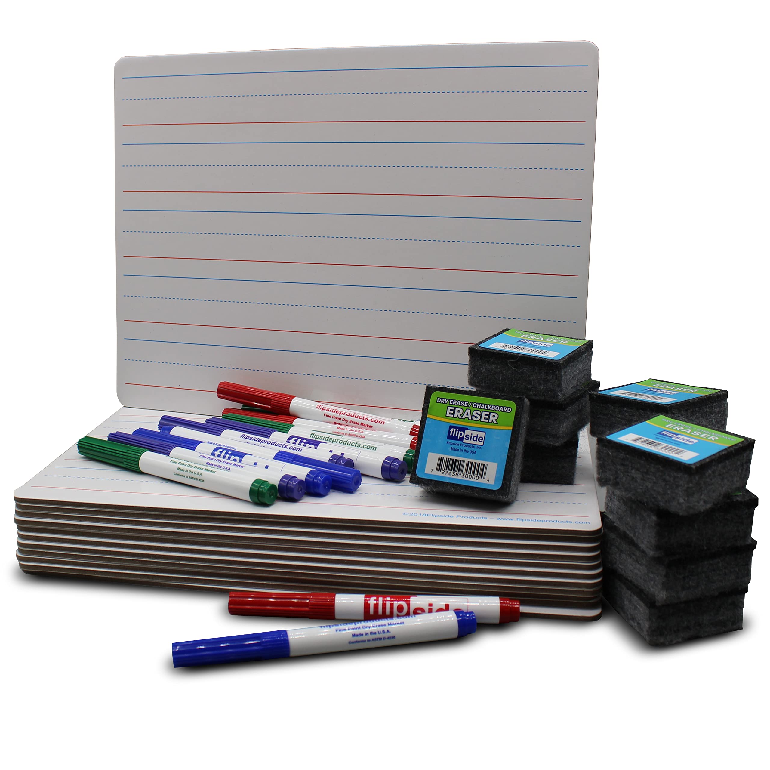 Flipside Products 9" x 12" Magnetic Dry Erase Two Sided Red & Blue Lined, Color Markers and Erasers, Ruled, Learn to Write, Writing Practice, Pack of 12