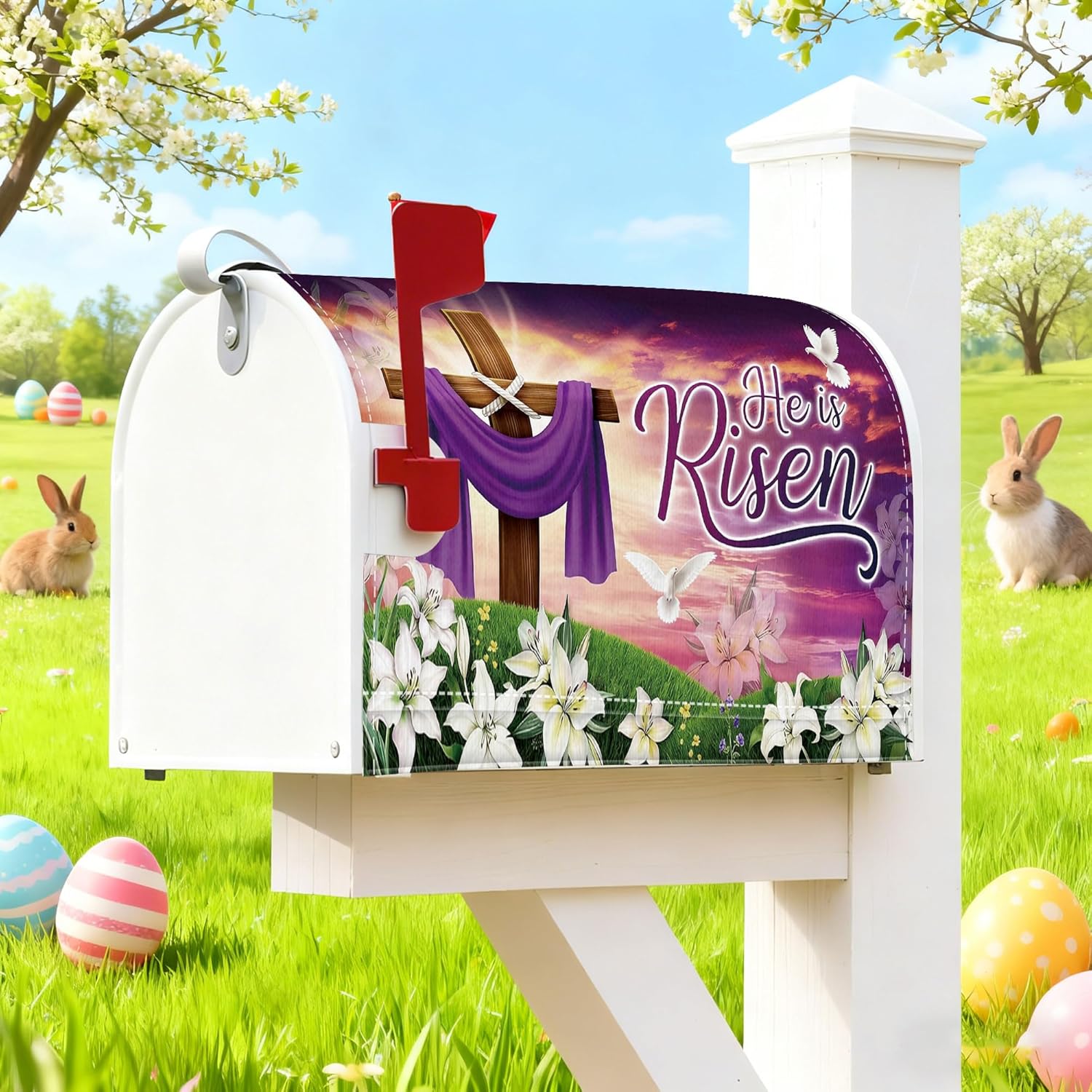 HemerVows Religious Magnetic Mailbox Covers, Easter Magnetic Christian Mailbox Cover, Inspirational Cross He is Risen Mailbox Cover Outdoor Yard Decor