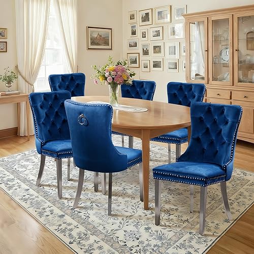 Miniatura 114 de Juego de 6 sillas de comedor de cuero, sillas laterales con respaldo alto, silla lateral tapizada moderna con anillo trasero de botón, patas de negro