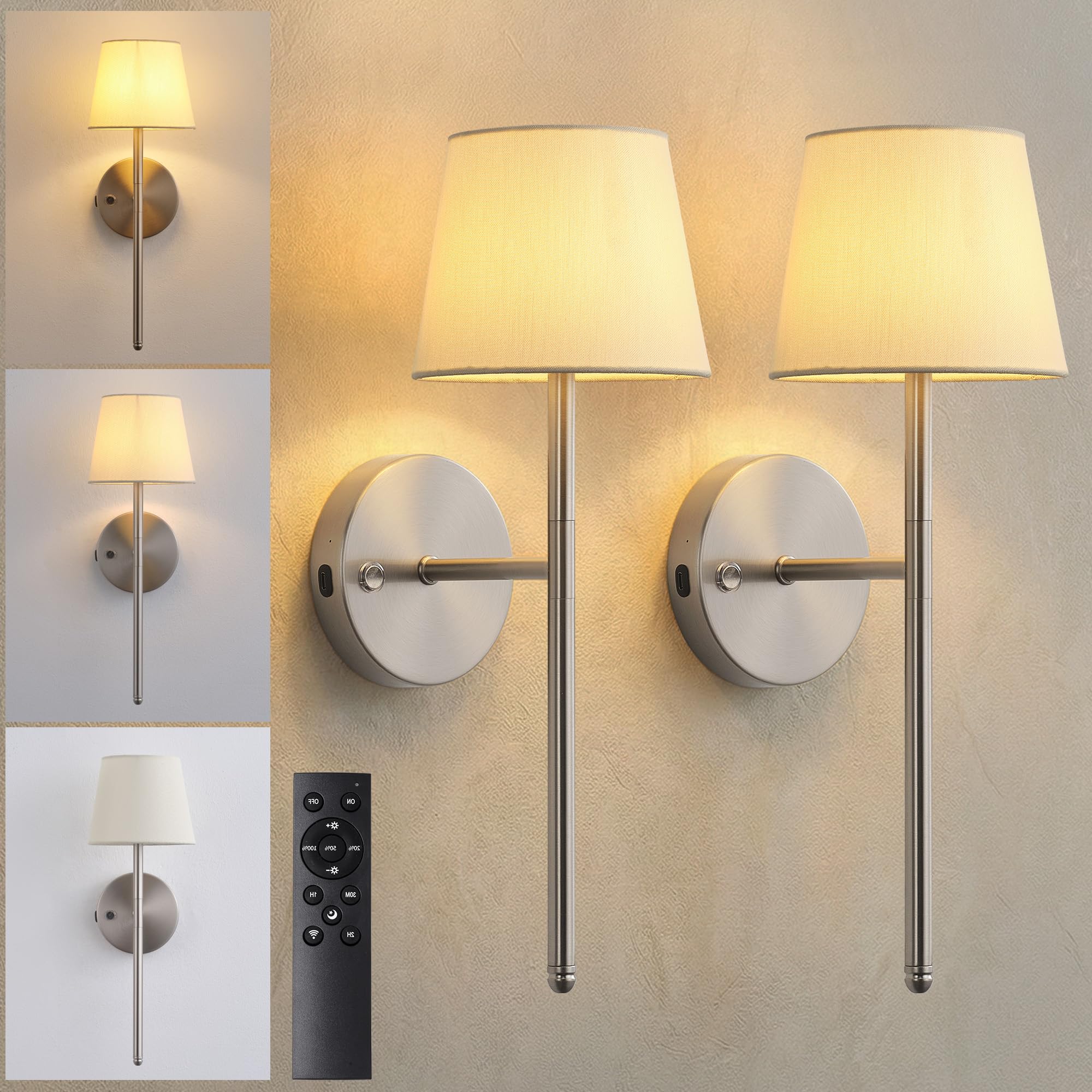 Newsee Rechargeable Wireless Wall S Set Of 2, Battery Operated 5200Mah Dimmable Cordless Wall Sconces With Remote Control, Wall With Fabric Light 705399633975