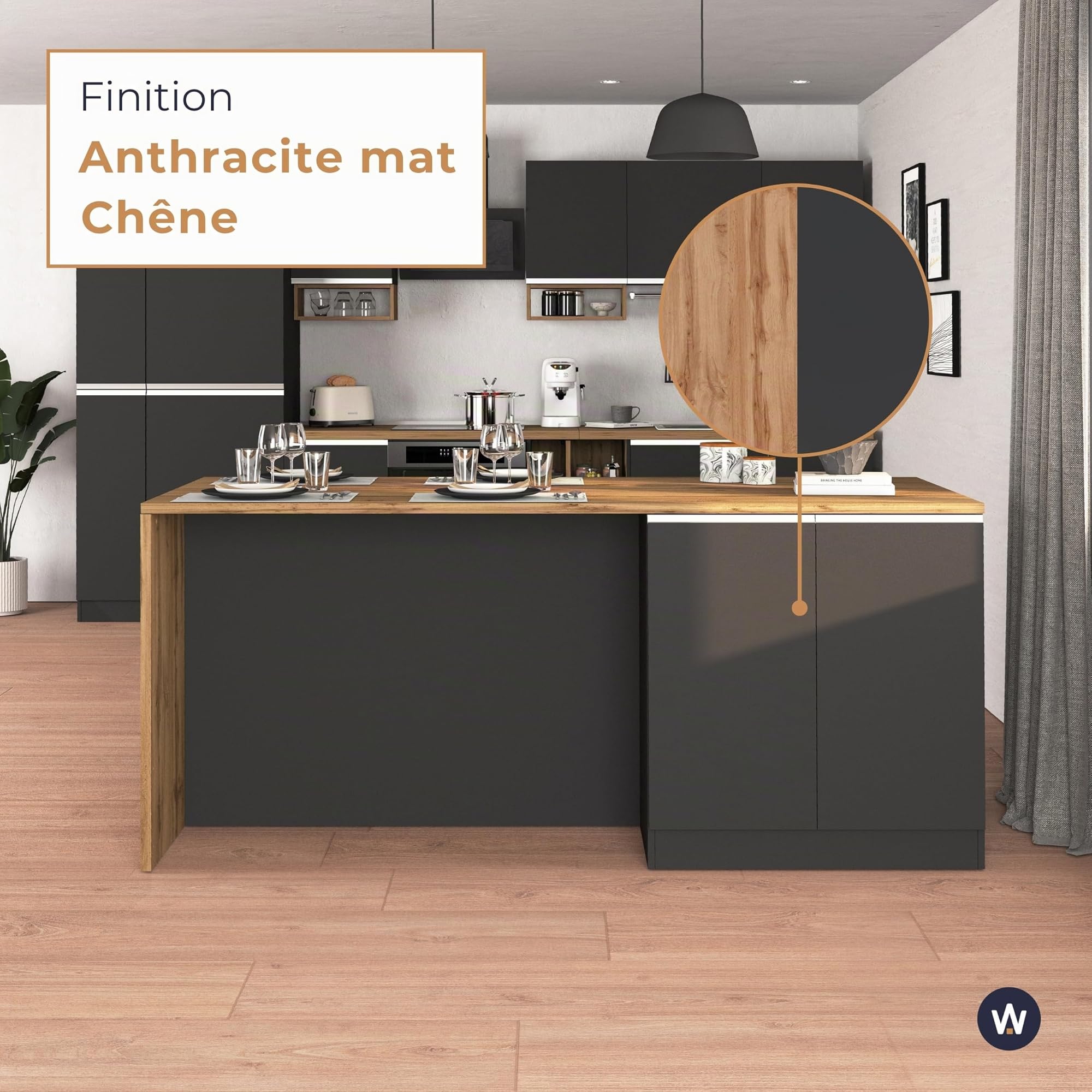 WHOUS Îlot de Cuisine Sole avec 4 Portes, Table à Manger et Plan de Travail, Idéal pour Les Cuisines Ouvertes ou Petits Espaces, Dimensions 200 x 90 x 90 cm, Bicolore Anthracite Opaque et Chêne