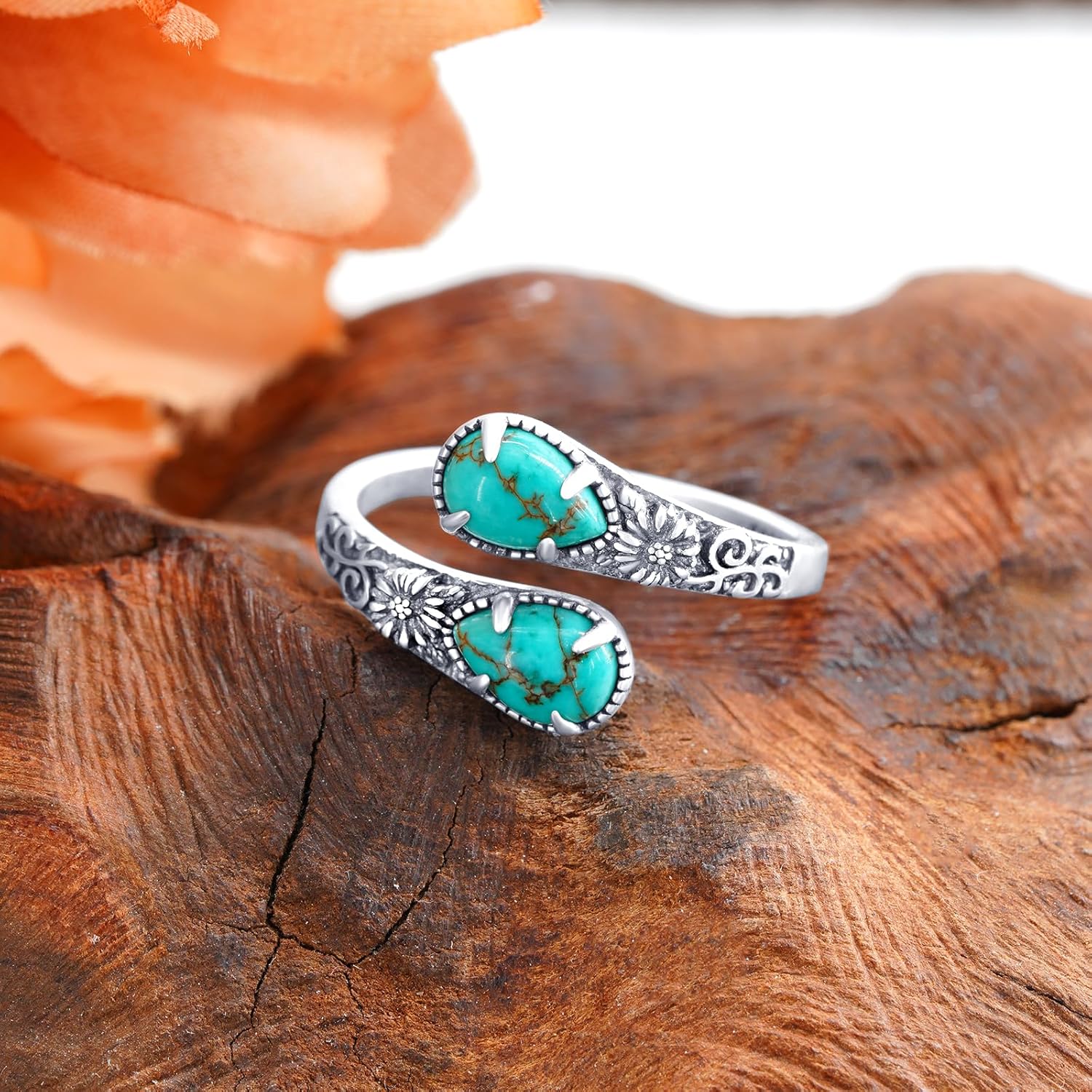 Sunflower Turquoise Ring 925 Sterling Silver Genuine Natural Turquoise Rings for Women Adjustable Sunflower Spoon Thumb Vintage Rings Jewelry Gift for Mom Wife Her