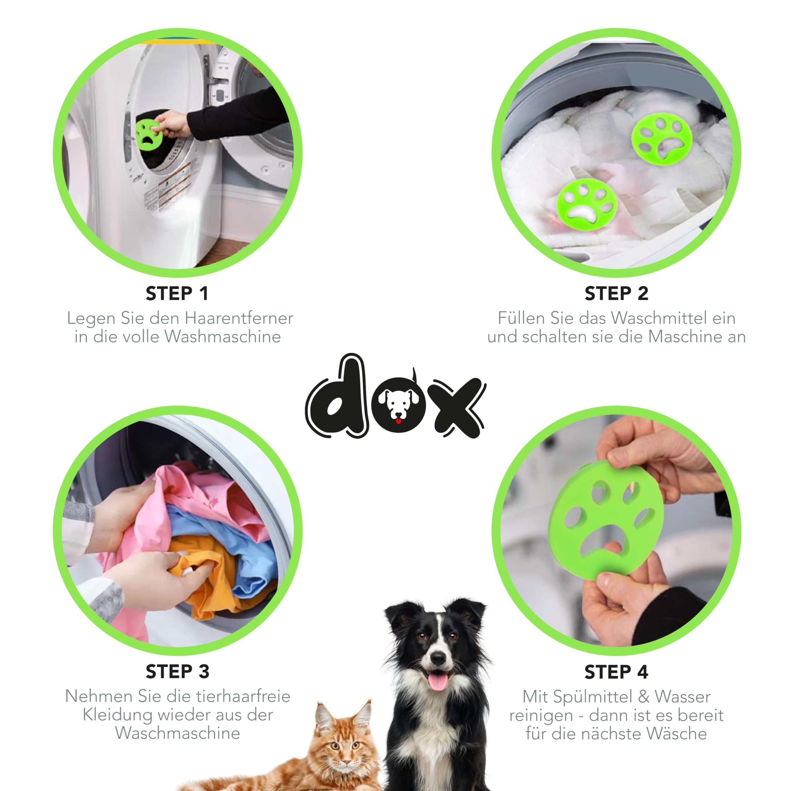 DDOXX Tierhaarentferner für Waschmaschine (Packung mit 2) - Grün - entfernt Fell in Trockner und Waschmaschine, Katzenhaarentferner und Hundehaarentferner für Flusensiebe, umweltfreundlich