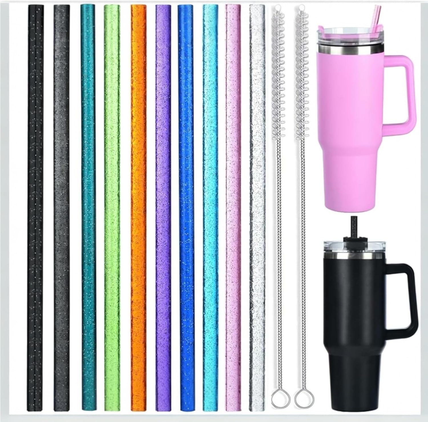 Stanley ile Uyumlu Glitter Renkli İçecek Pipeti Seti, 4 Farklı Renk, Yeniden Kullanılabilir Tritan Malzeme, Temizleme Fırçalı, Soğuk İçecekler için