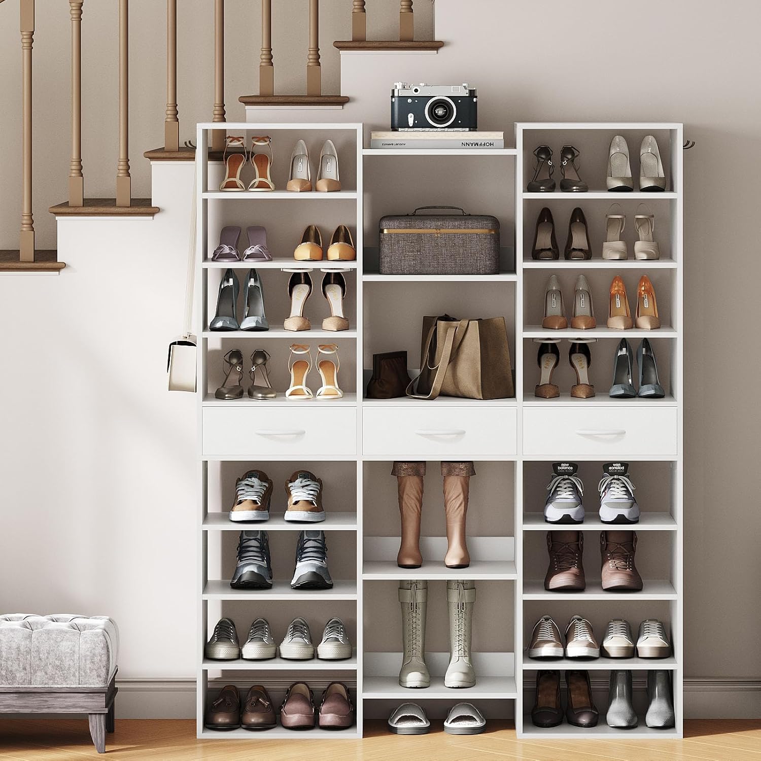 Tall Shoe Rack Set of 2, 9 Tiers Large Shoe Cabinet with Fabric Drawers, Holds up to 44 Pairs, Modern Entryway Shoe Shelves Organizer, Wooden Shoe Rack for Closet, Hallway, White