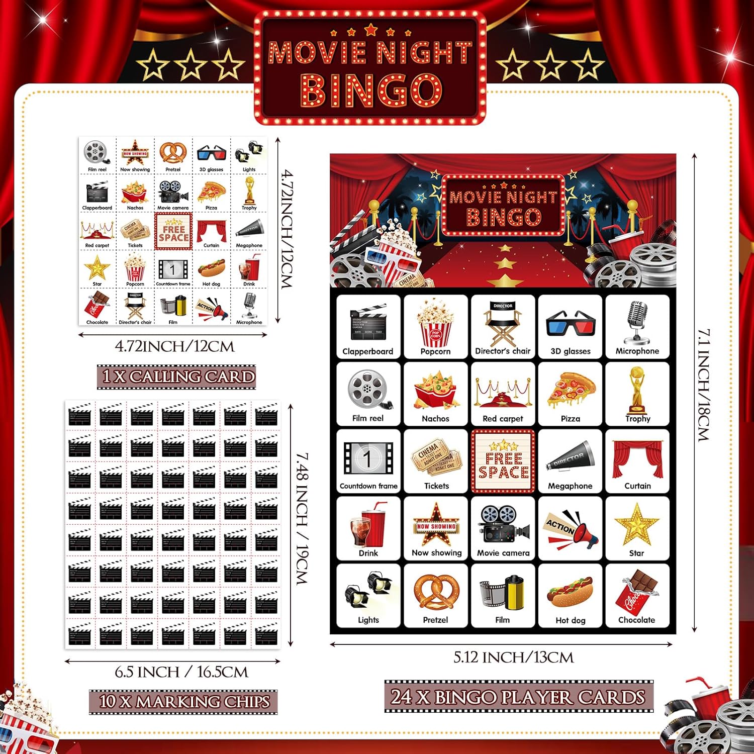 Shappy 35 Pcs Movie Night Bingo 24 Players Movie Party Bingo Cards Film Party Games for Adults Family Activities Theater Birthday Gifts Favors Supplies