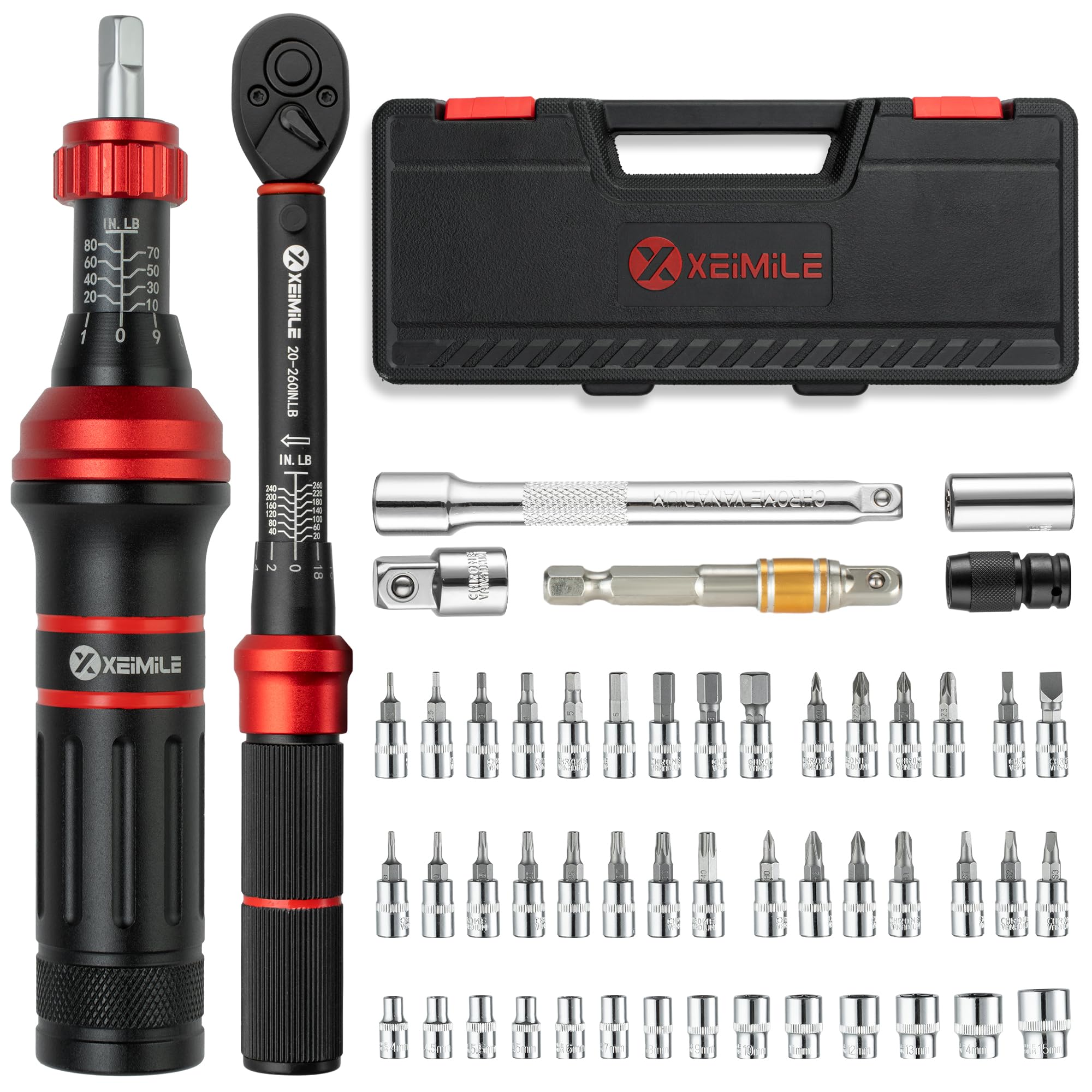 Set di 52 chiavi dinamometriche e cacciaviti, 50-660 pollici, 2,3-29,4 N.m, chiave dinamometrica piccola da 1/4", cacciavite dinamometrico da 20-260 pollici, 72T Dual Range, con bussole per