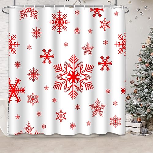 Miniatura 2 de Emvency Juego de cortina de ducha de copo de nieve de Navidad con cubierta de tapa de inodoro y alfombras antideslizantes, juego de 4 alfombras