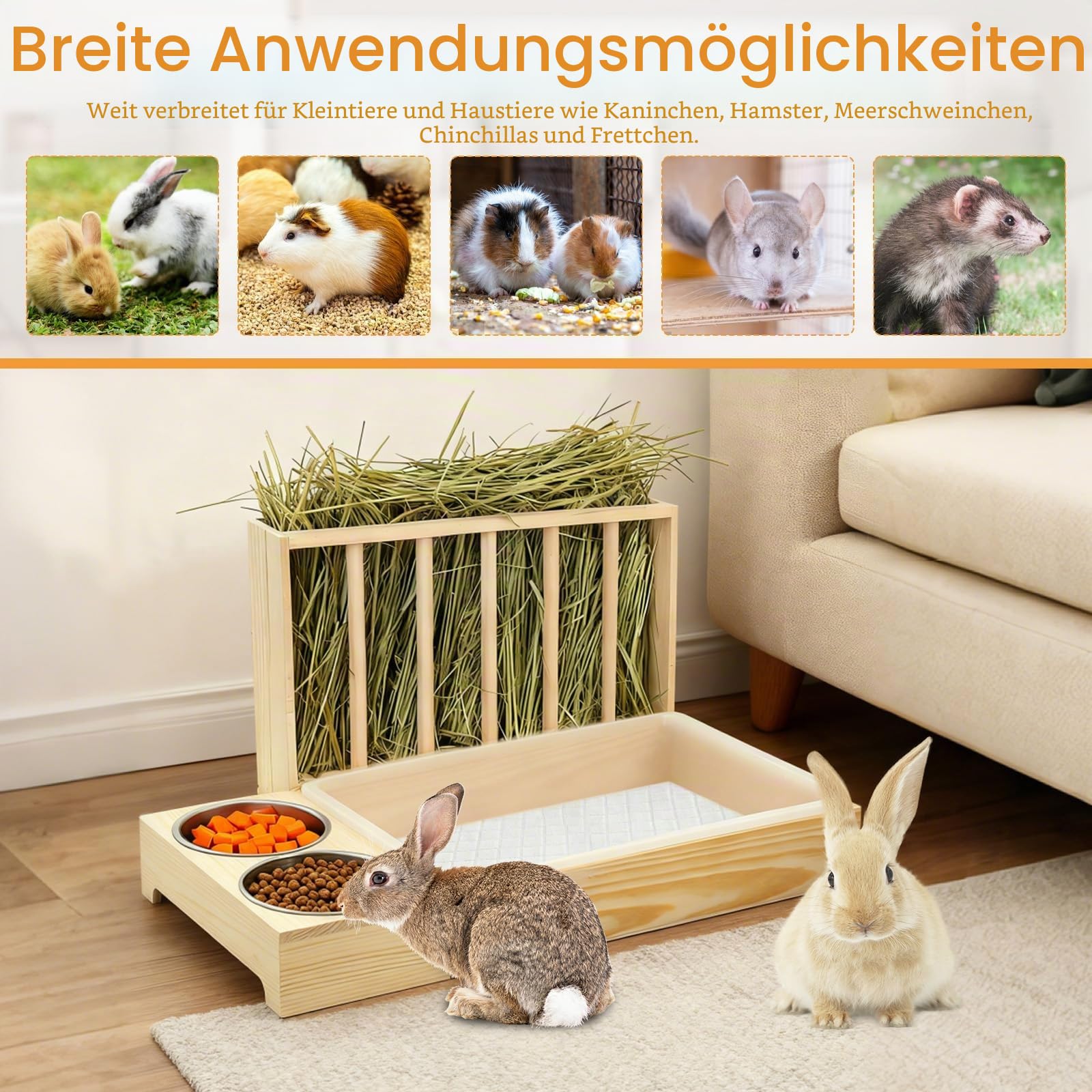 Heuraufe Kaninchen, Holz Futterspender Heu Kaninchen mit Katzentoilette Und Näpfen 3 in 1 Heuraufe Meerschweinchen Futter Spender Für Heu Für Chinchilla Hamster Nager