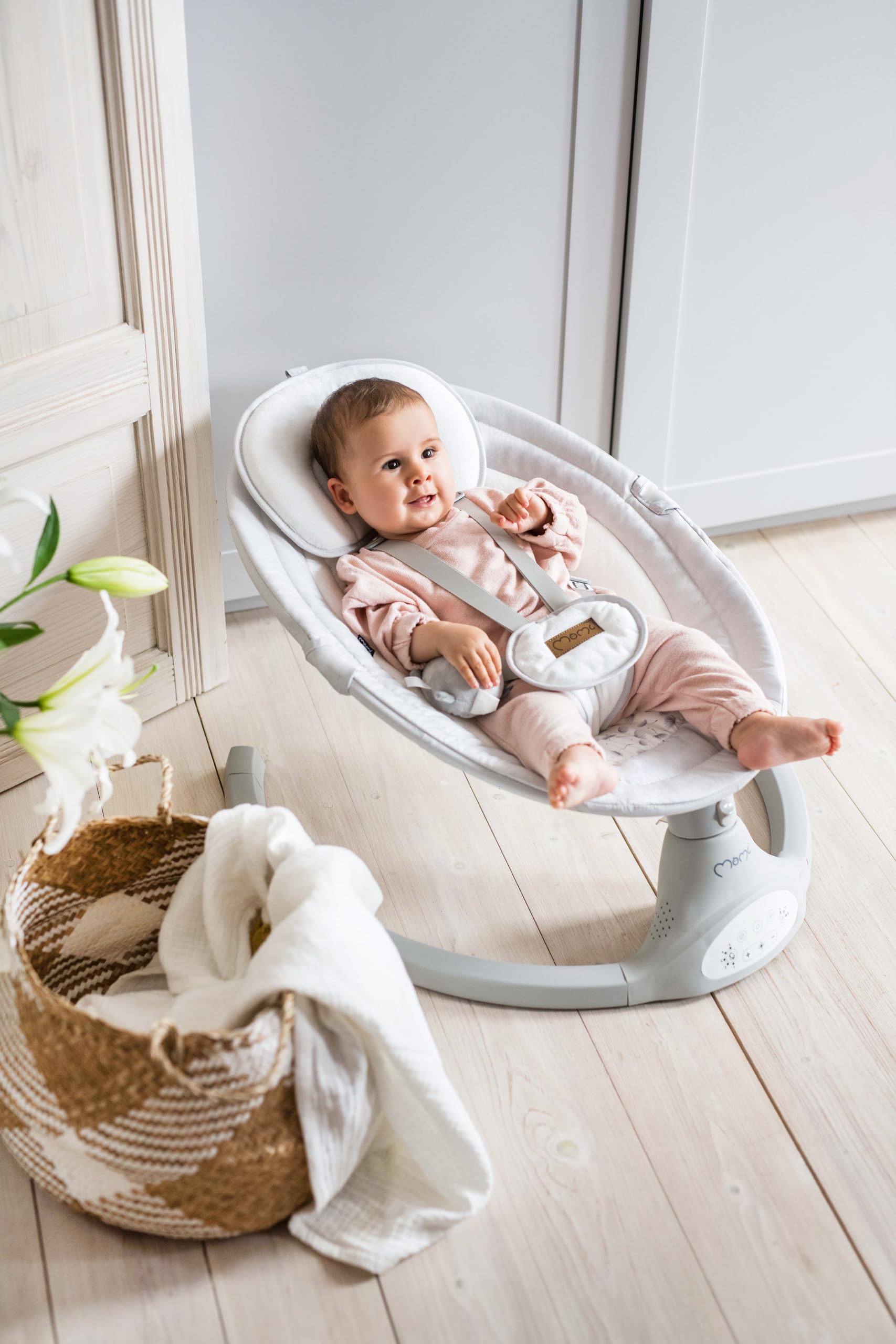 MoMi KENANI Babywippe klappbar mit Fernbedienung Bluetooth 5-Punkt-Sicherheitsgurt bis 9 kg