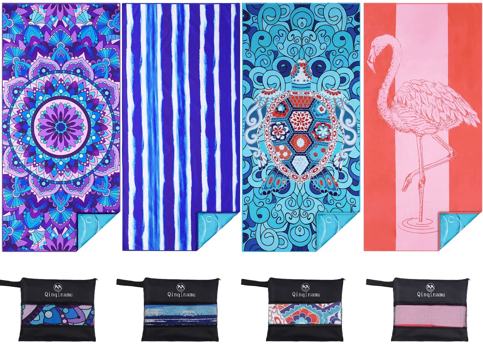 Qinqinamu 4 Pack Microfiber Oversized Lightweight Beach Towel 71''x32'' Extra Thin Large Sand Free Towels Travel Swim Pool Yoga Gym for Adults Women Men Beach Essentials Accessories Vacation Gift