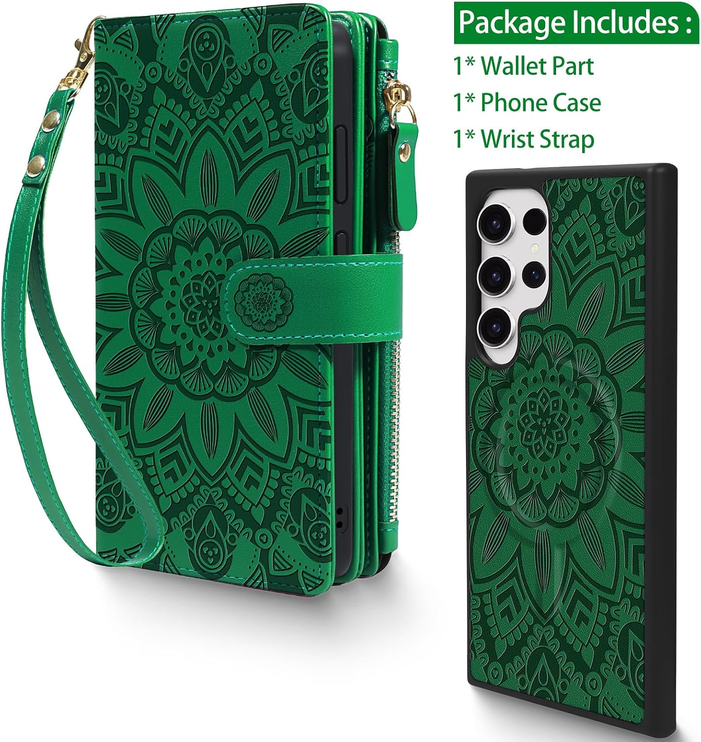 Harryshell 2 in 1 for Samsung Galaxy S25 Ultra Wallet Case Magnetic Compatible with Magsafe RFID Blocking Card Holder Detachable Phone Cover Zipper Purse Kickstand Wrist Strap Men Women Floral Green